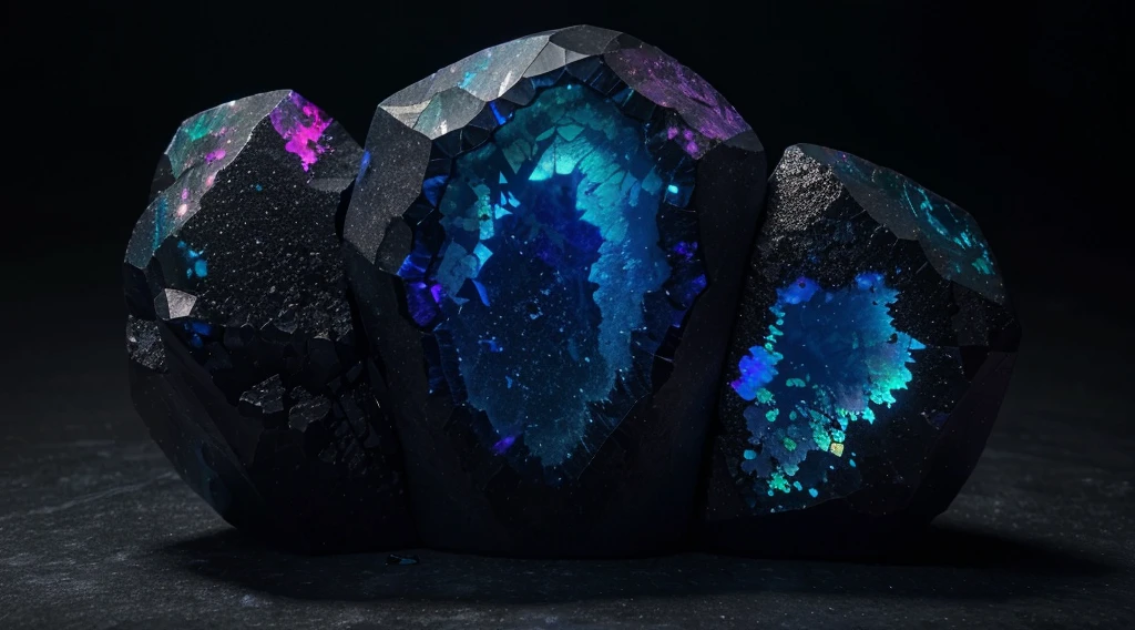 unusual mineral, gradient, dark blue, slightly pink in places, slightly purple, black, glossy, geoid, rough corners, texture, beautiful on black, slightly glowing from inside, hyperrealism, hd, realism, Black Opal Lighting Ridge, fluorite, Burma tourmaline black background around without texture