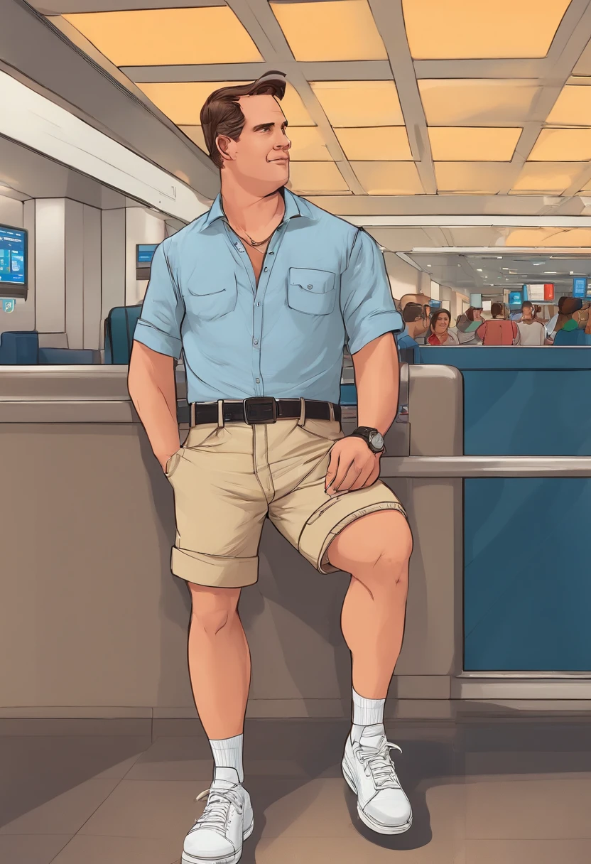 A photo of airport dad obsessively monitoring the departure screens at the airport,original,Airport dad dresses like a typical dad. Slightly overweight, He wears shirts tucked into shorts with a belt. High white socks with New Balance sneakers. , male