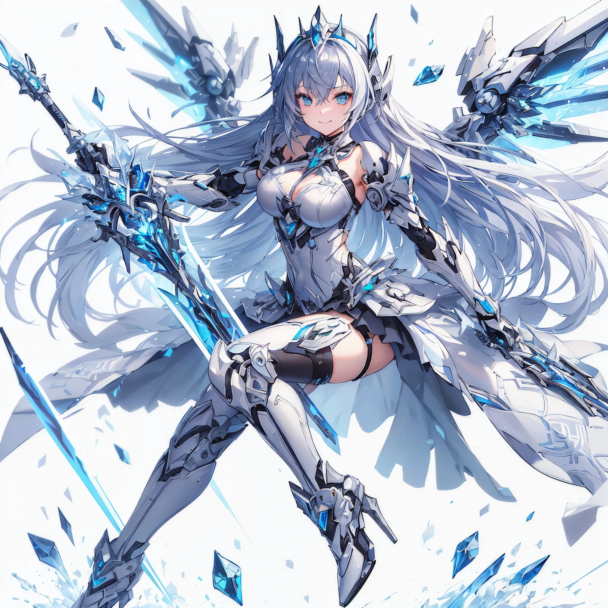 (masutepiece, Best Quality), Ultra-detailed, Anime style, Full body cyberpunk knight girl, wears white power armor, blue and silver hair and black and silver eyes, Hold the ice sword, flying diamond dust, Wear high-heeled boots, Digital Painting, 8K High Resolution, trend artstation, White background, Whole body, A Smile Full of Compassion