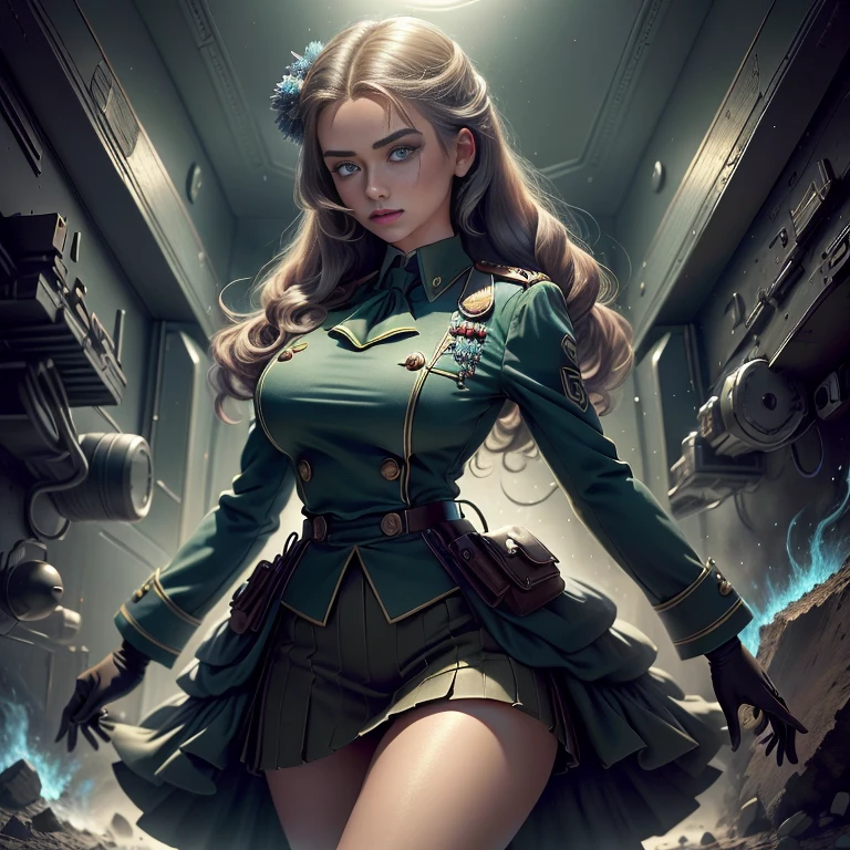 Estilo 1940、she is standing (1 cinta)、(tmasterpiece、topo Quoridade、melhor qualidade、Beauty and Aesthetics、1.2)、German military uniform sexy、vibrante com cores、uniforme de camuflagem sexy、Armado com arma de fogo