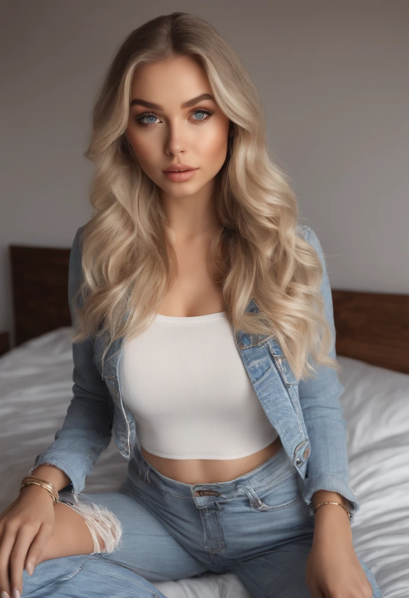 arafed woman fully , sexy girl with blue eyes, ultra realistic, meticulously detailed, portrait sophie mudd, blonde hair and large eyes, selfie of a young woman, bedroom eyes, violet myers, without makeup, natural makeup, looking directly at the camera, face with artgram, subtle makeup, stunning full body shot kneeling on bed, in bedroom, medium to large size bust