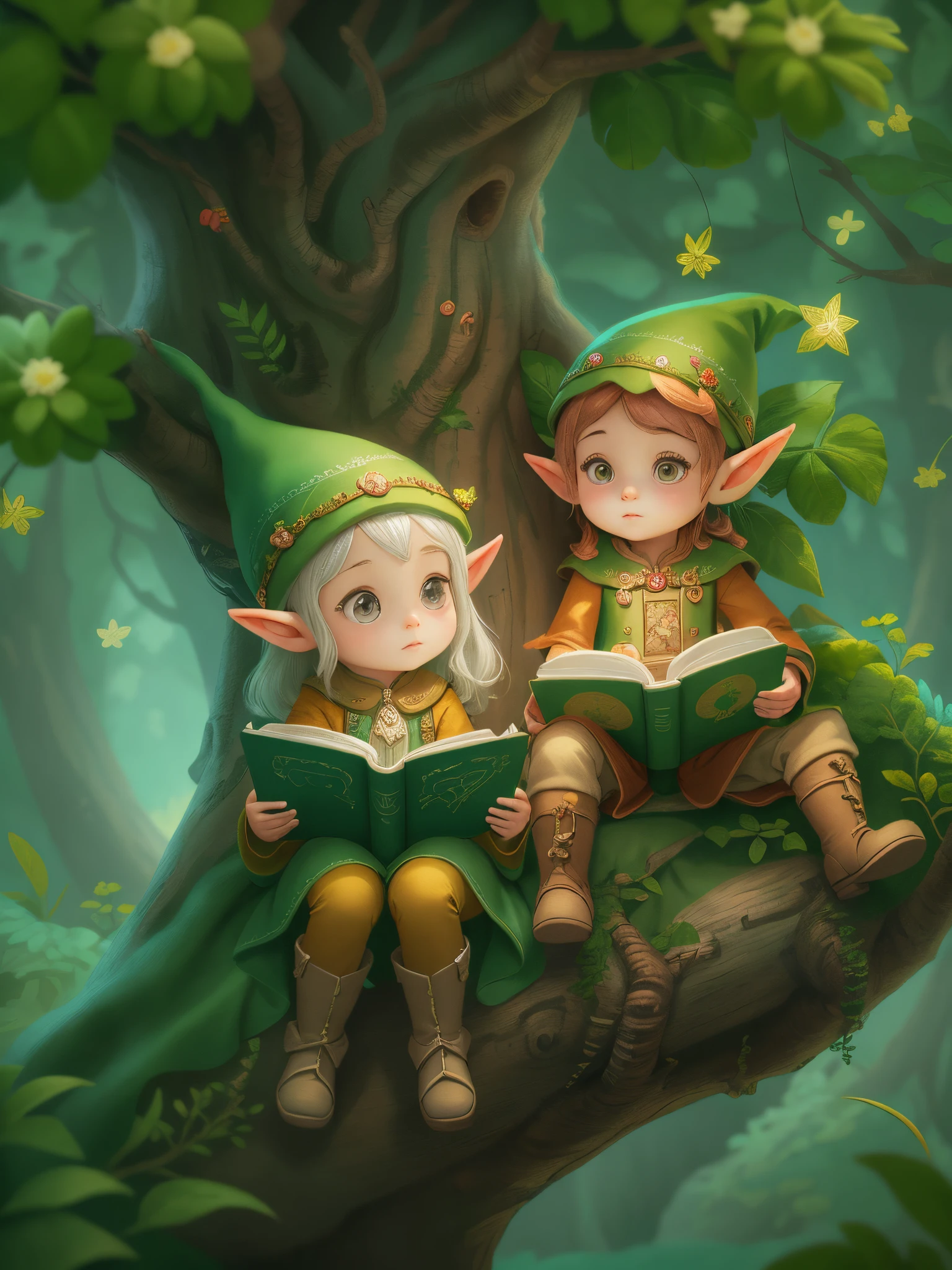 There are two elves sitting in the tree reading a book, The children's art art station, Cute and detailed digital art, lalafell, elf forest background, Cute 3d rendering, stylized 3d render, lovely digital painting, Lovely detailed artwork, detailed 2d illustration, fantasy art style