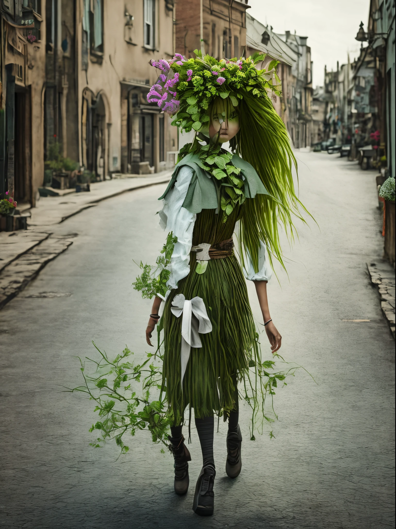 anthropomorphic (anthropoid) female plant walking down the street of a small town, anthropomorphic plant girl, beautiful green face woven from stems, thin green threads of hair are disheveled and on these threads there are predatory flowers, Fantastic, unreal, Fictional character, Cinematic Photo, anthropomorphic plant looks surprised