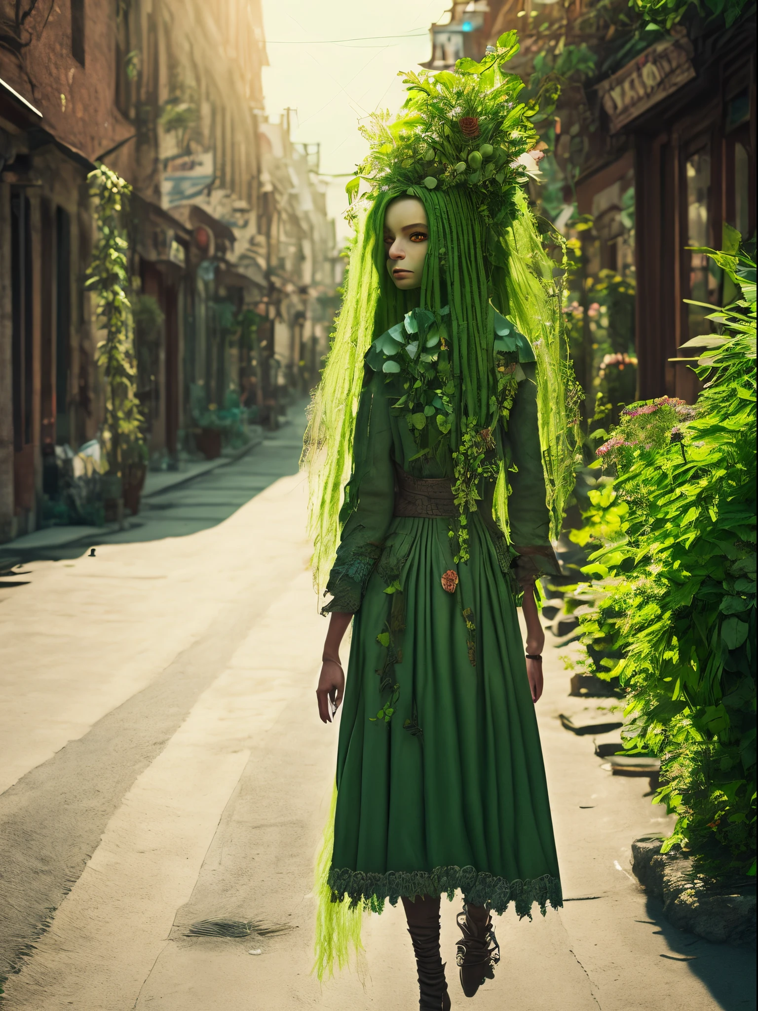anthropomorphic (anthropoid) female plant walking down the street of a small town, anthropomorphic plant girl, beautiful green face woven from stems, thin green threads of hair are disheveled and on these threads there are predatory flowers, Fantastic, unreal, Fictional character, Cinematic Photo, anthropomorphic plant looks surprised