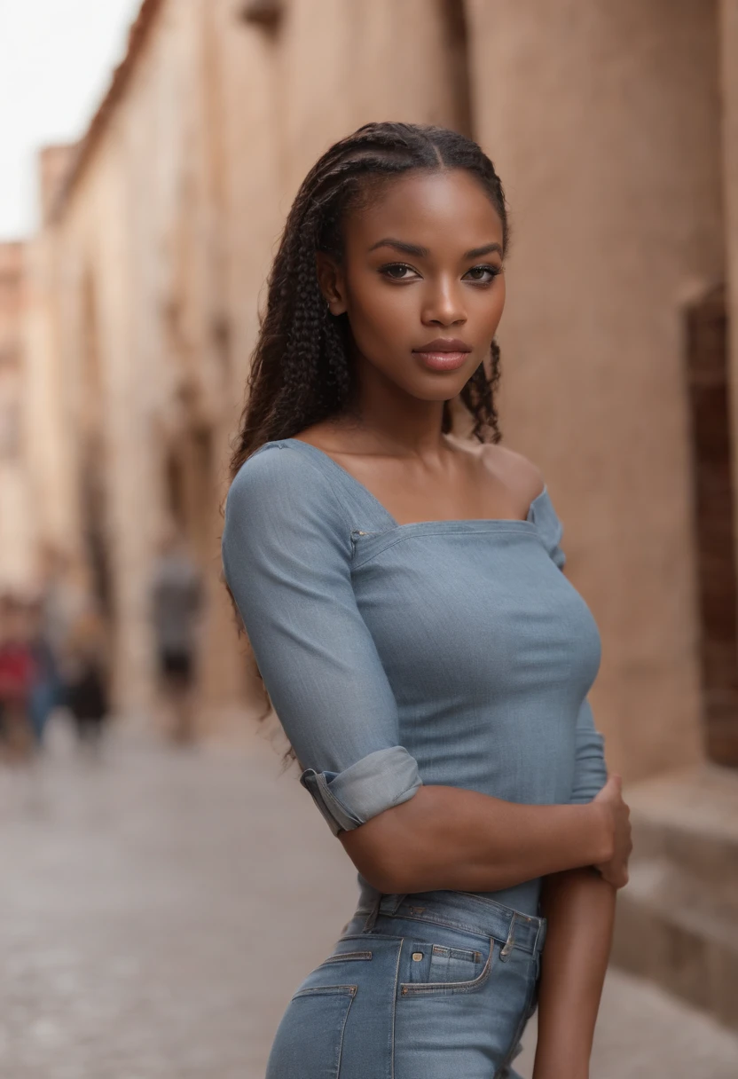 ((Piel oscura africana, very deep ebony skin)), ((Su belleza es innegable)), ((linda cara emocionada)), ((Ojos perfectos hiper detallados,)), ((Linda pose)), ((lengua fuera)), ((Seductor )), sexy, (( Camisa de punto ajustado, pantalones cortos sexys)), ((Afro largo africano pelo rizado afro cola de caballo,)), (( Piel)), ((En pie, Front view)), ((Tocarse las piernas en una pose sexy)), ((Al aire libre, Public city)), Sharply focused CGI, fotorrealista, High detail, realista, Pieza maestra, absurdos, La mejor calidad, HDR, Alta calidad, Hi-Def, extremadamente detallado, Fondo de pantalla de 8k, Detalles intrincados, 8k UHD, Full HD, (foto realista:1.2), contraste, rough lighting, cinematic lighting, natural lighting, Luz dura, Contre-Jour, global ilumination, ambient-occlusion