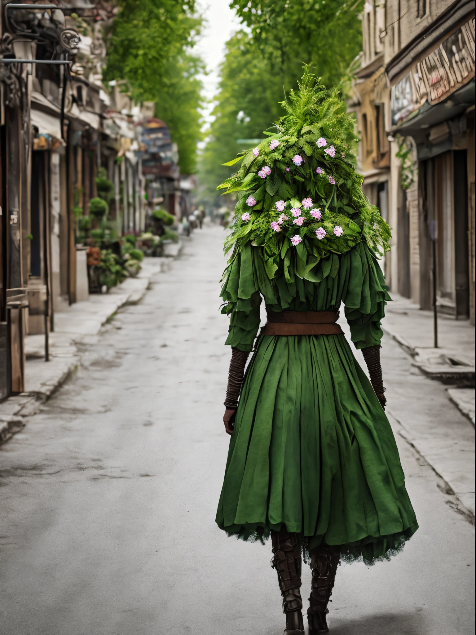 anthropomorphic (anthropoid) female plant walking down the street of a small town, anthropomorphic plant girl, beautiful green face woven from stems, thin green threads of hair are disheveled and on these threads there are predatory flowers, Fantastic, unreal, Fictional character, Cinematic Photo, anthropomorphic plant looks surprised