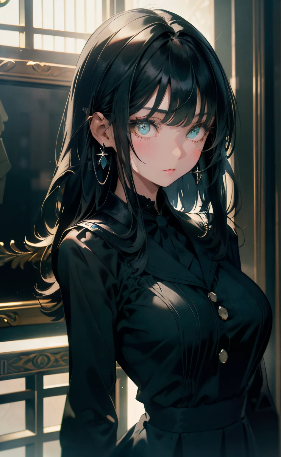 Mature girl , green eyes, black hair (seperated blue straight bangs), medium length hair, delicate and smart eyes, intricate school uniform, gorgeous accessories, wearing peircings, fov, masterpiece, wolfcut, cute, (heavily ultra detailed)