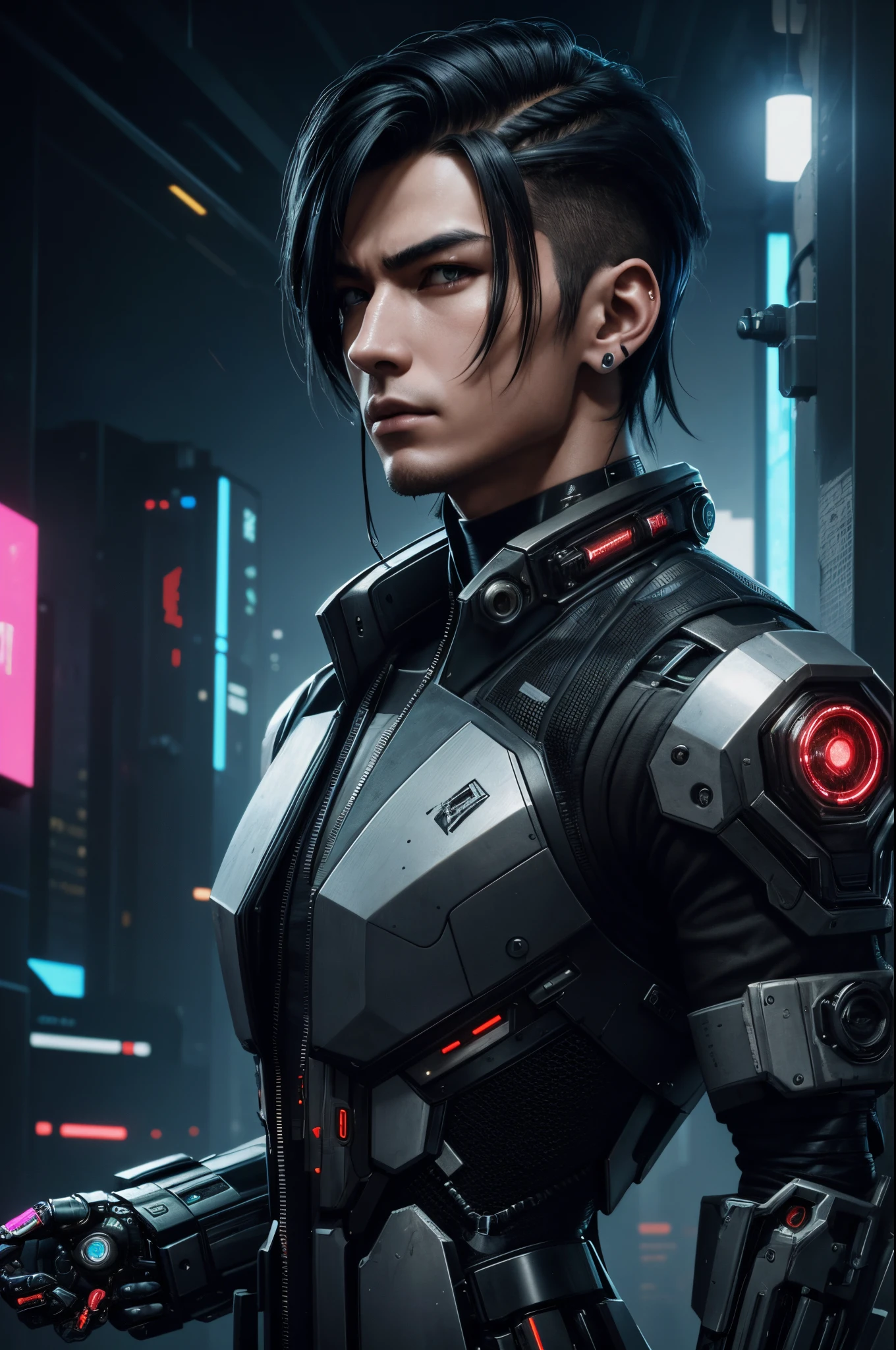 8K,A mechanical roid whose upper body was suspended during construction.,A man with short black hair, Super handsome young man,Portrait of a futuristic robot, Cinematic. leng jun, cyberpunk robot, hyper-realistic cyberpunk style, cyborg fashion model, Portrait of a teenage robot, Cyborg Male, a teen cyberpunk cyborg, wojtek fus, SCI - FI Characters, Fashionable cyberpunk mechanoids, Portrait of a cyberpunk cyborg,超A high resolution,A hyper-realistic,Ultra-precise mechanical details,