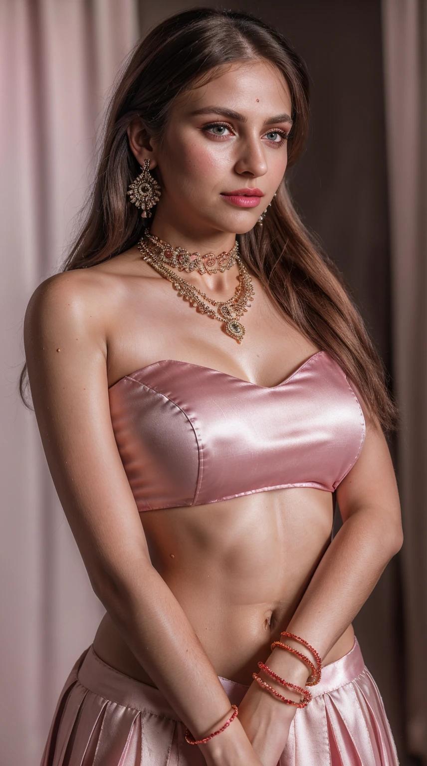 Masterpiece, (Enchanting Light:1.1), sexy, passionate, exquisitely detailed, (sweat:1.1) with (glittering droplets:1.1), Too many realistic textures, ((trends on social media,)) Blond hair, (RAW photo, realism: 1.8), (very pink lips gloss, dark jet pink lipstick, many eyelashes, dark pink eye shadow, very shy, very blushing, high quality, high resolution, blond brown shiny hair, marriage depth of field, chromatic aberration, caustic, wide light, natural colors, 30 year old woman), necklaces, chokers, earrings, bracelets, wear many accessories, wearing silk pink indian traditional bridal outfit, colorful dress, woman medium breast, soft skin, fair dark pink skin, slim pink nose, beautiful detailed eyes, The Casual Hip Stance pose, 8k results, high resolution, realistic, Sony Alpha 7R IV Camera, Digital Photo, f/2.8 lens, ,