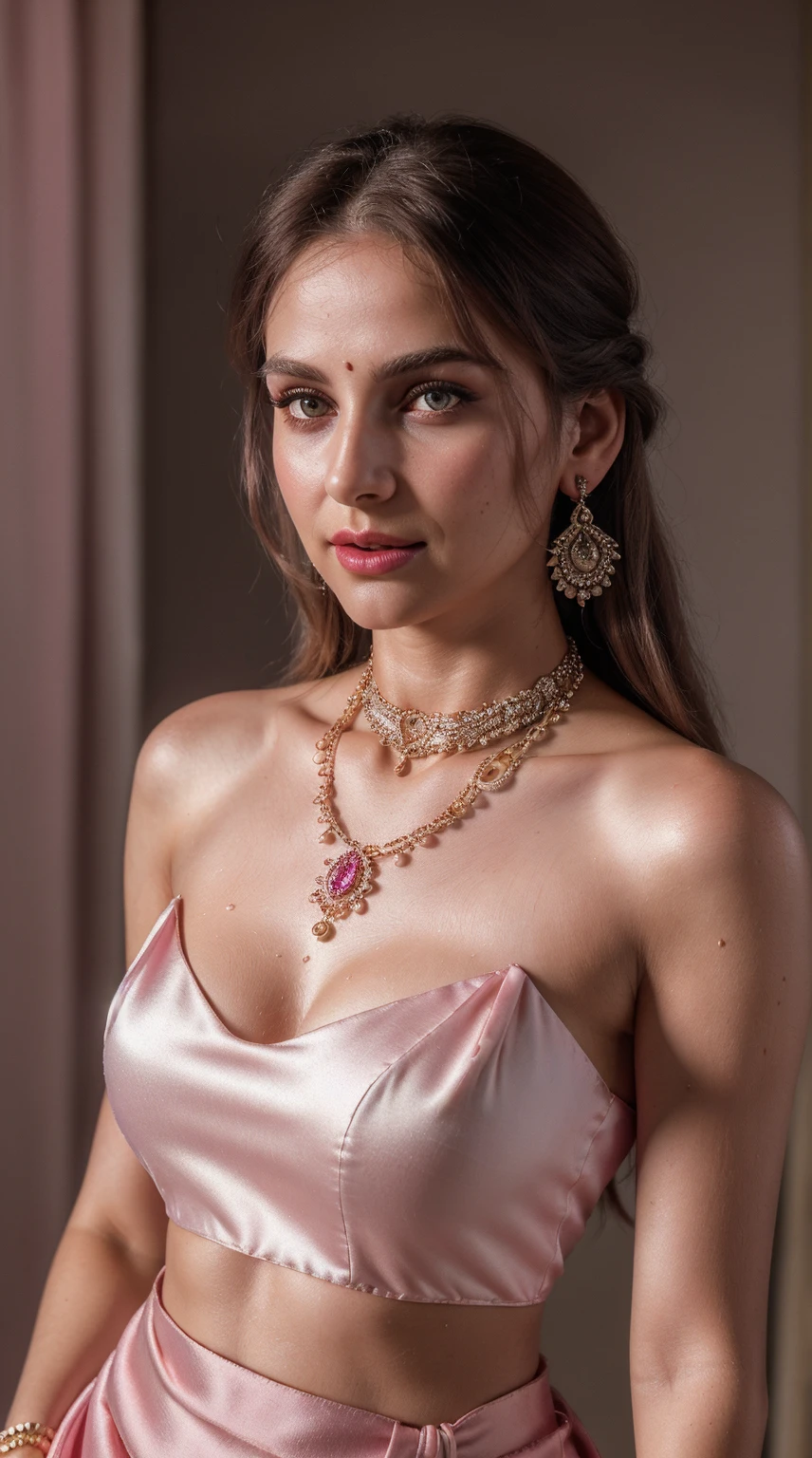 Masterpiece, (Enchanting Light:1.1), sexy, passionate, exquisitely detailed, (sweat:1.1) with (glittering droplets:1.1),  Too many realistic textures, ((trends on social media,)) Blond hair, (RAW photo, realism: 1.8), (very pink lips gloss, dark jet pink lipstick, many eyelashes, dark pink eye shadow, very shy, very blushing, high quality, high resolution, blond brown shiny hair, marriage depth of field, chromatic aberration, caustic, wide light, natural colors, 30 year old woman), necklaces, chokers, earrings, bracelets, wear many accessories, wearing silk pink indian traditional bridal outfit, colorful dress, woman medium breast, soft skin, fair dark pink skin, slim pink nose, beautiful detailed eyes, The Casual Hip Stance pose, 8k results, high resolution, realistic, Sony Alpha 7R IV Camera, Digital Photo, f/2.8 lens, ,