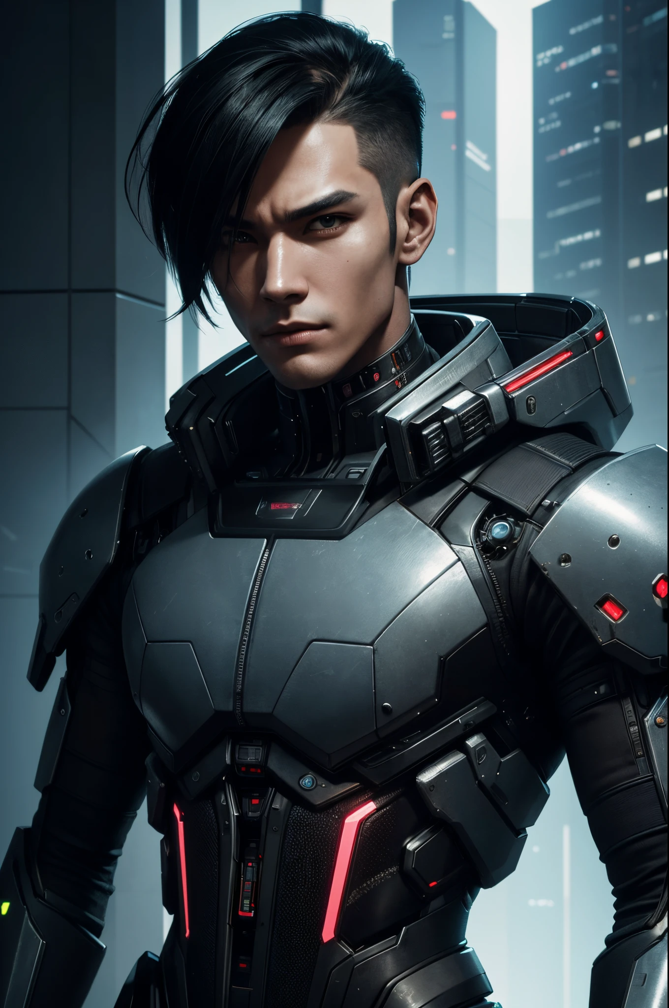 8K,A mechanical roid whose upper body was suspended during construction.,A man with short black hair, Super handsome young man,Portrait of a futuristic robot, Cinematic. leng jun, cyberpunk robot, hyper-realistic cyberpunk style, cyborg fashion model, Portrait of a teenage robot, Cyborg Male, a teen cyberpunk cyborg, wojtek fus, SCI - FI Characters, Fashionable cyberpunk mechanoids, Portrait of a cyberpunk cyborg,超A high resolution,A hyper-realistic,Ultra-precise mechanical details,