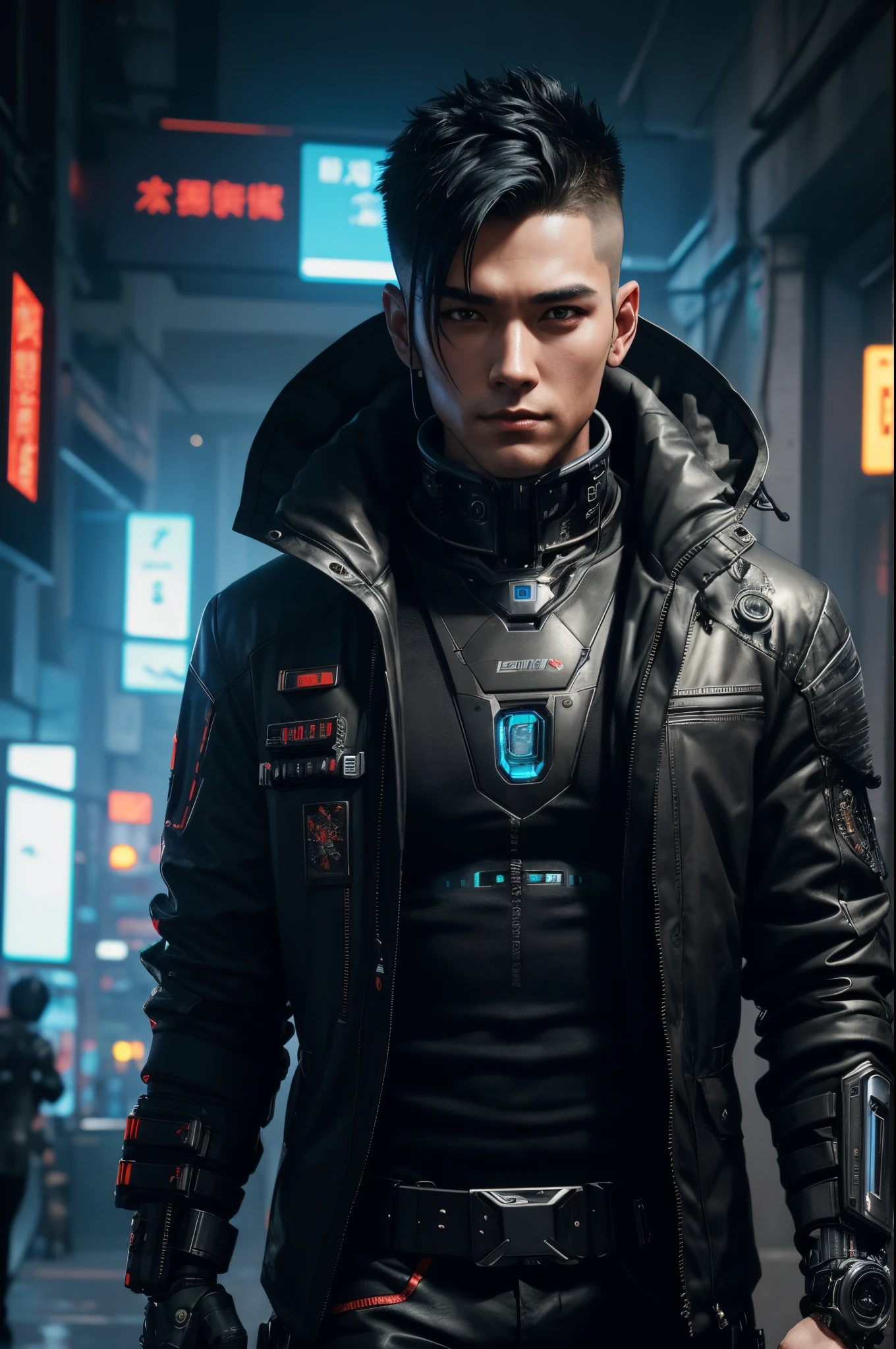 8K,A mechanical roid whose upper body was suspended during construction.,A man with short black hair, Super handsome young man,Portrait of a futuristic robot, Cinematic. leng jun, cyberpunk robot, hyper-realistic cyberpunk style, cyborg fashion model, Portrait of a age robot, Cyborg Male, a teenerpunk cyborg, wojtek fus, SCI - FI Characters, Fashionable cyberpunk mechanoids, Portrait of a cyberpunk cyborg,超A high resolution,A hyper-realistic,Ultra-precise mechanical details,