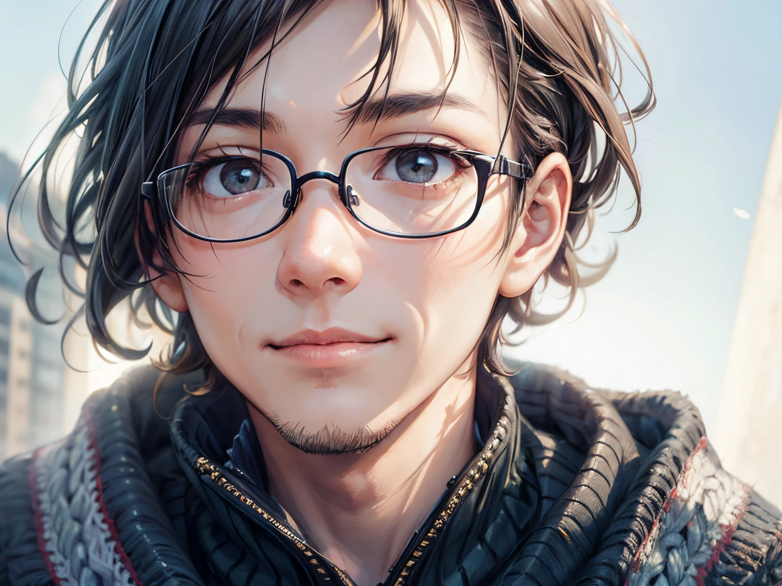 (masutepiece), Natural light, Photorealistic, Cameltoe, diffuse glow, depth of fields, big eye、Black eyes、profetional lighting、japanes、on top of the building in the background、Fantastic background、portlate、Invincible smile、ember、the man has sharp eyes、Brown knitted sweater、Eyes are black、asian human、A dark-haired、lightly permed hairstyle、Short hair、Wearing glasses、Ken Sato、