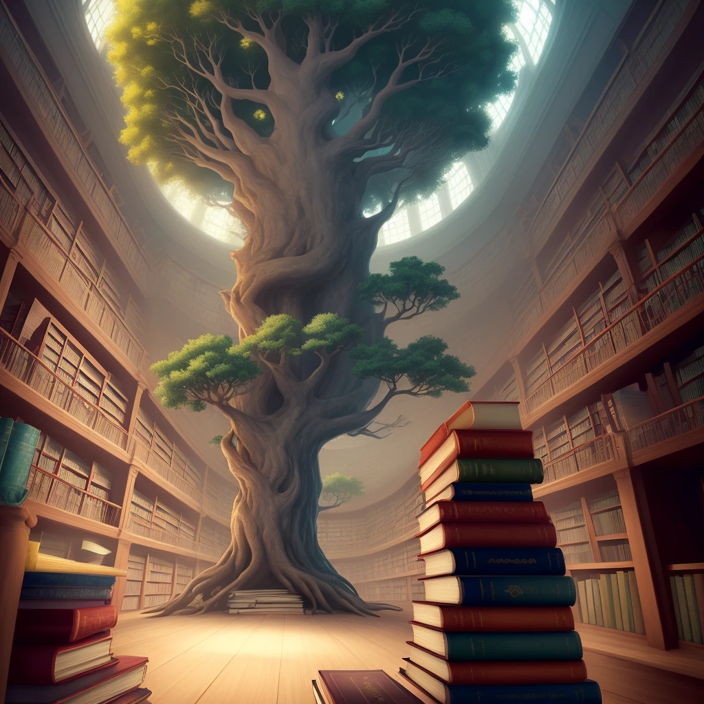 Tree of knowledge surrounded by spiraling library
Mystic dream