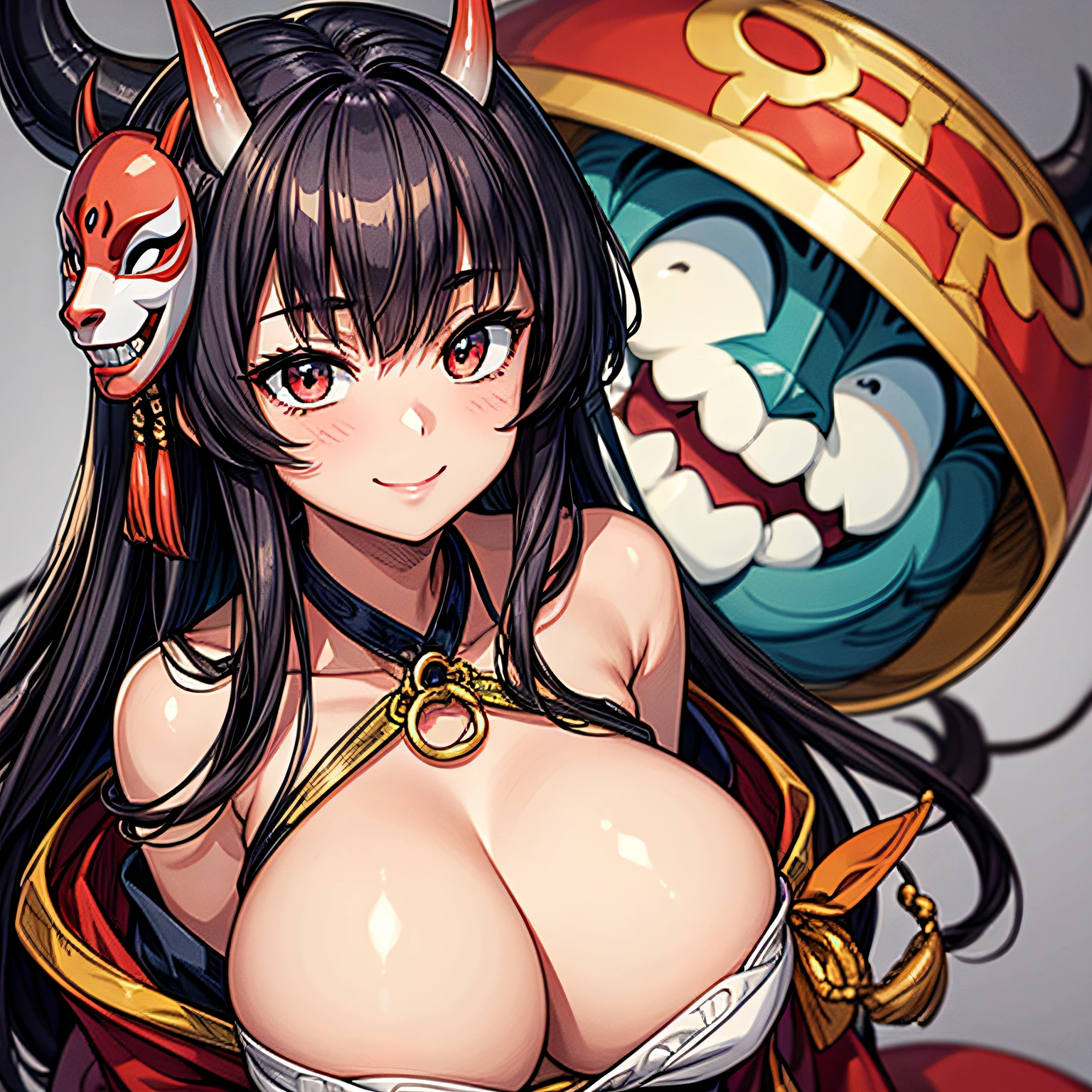 Obra maestra, La mejor calidad, Detalles intrincados, retrato, desde arriba, 1girl, They are smiling, oni mask, senos grandes, (escote), youkai tradicional,