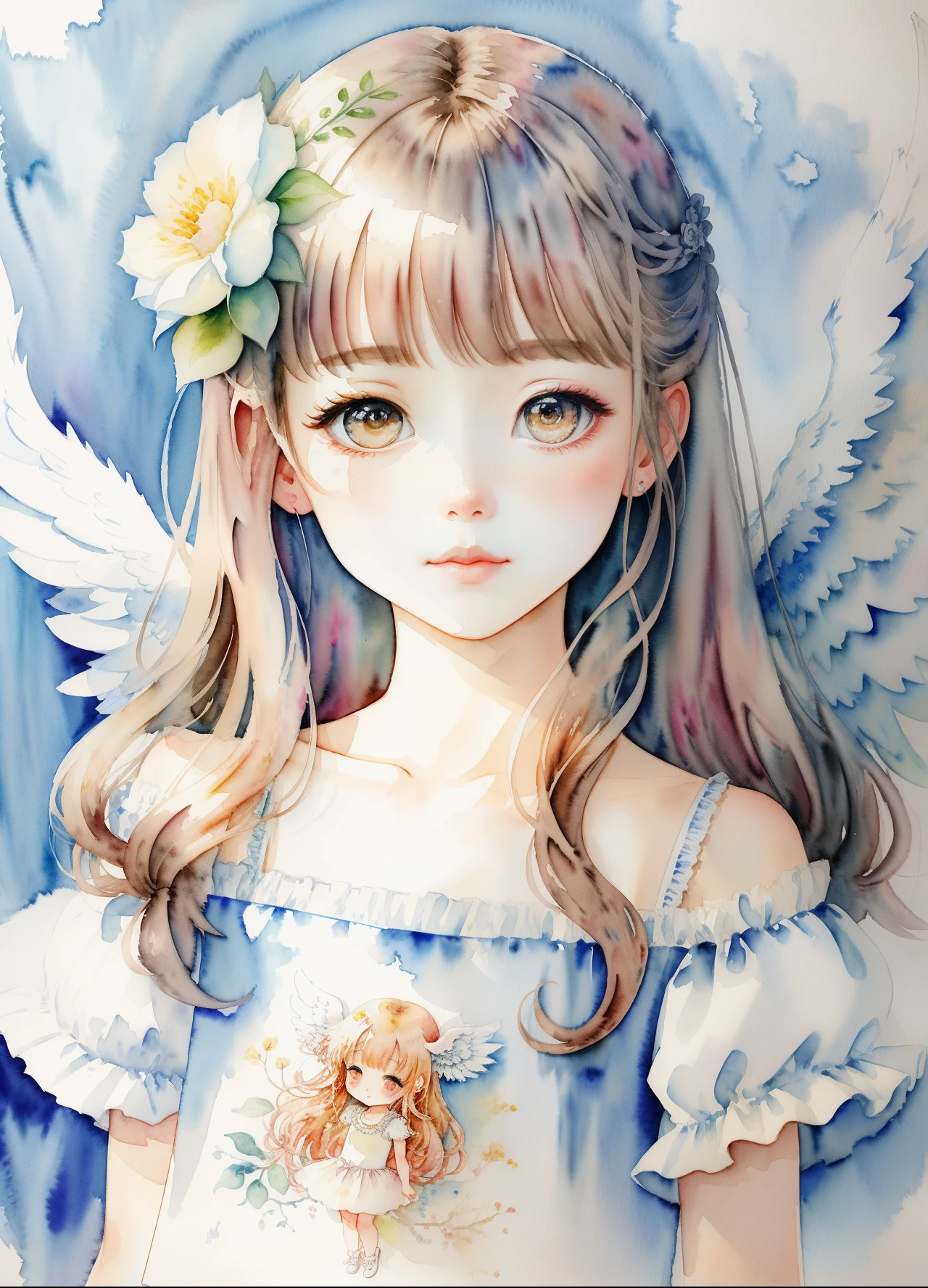 illustratio、watercolor paiting、 Fantasia、 Angel Girl、length hair、cute little、Deformed、portraitures、