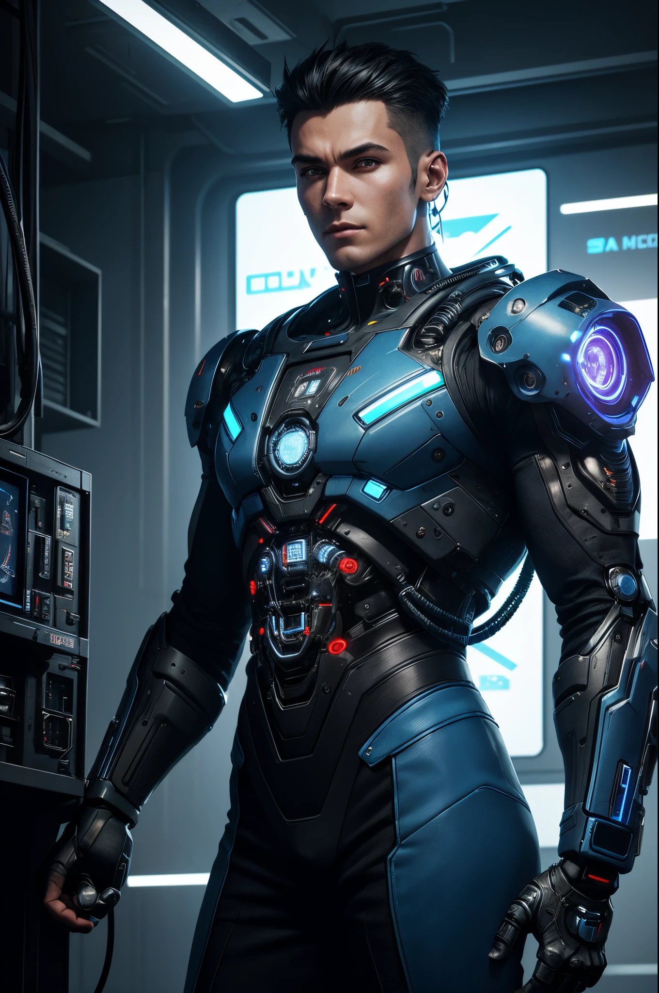 8K,A mechanical roid whose upper body was suspended during construction.,A man with short black hair, Super handsome young man, exposed machine frame. A blue glowing heart(blue led effect)Many cords extending from the back,hanging upper body,Lots of tubes,Half of the chin is a machine,exposed camera eye,leng jun, cyberpunk robot, ultra-realistic cyberpunk, cyborg fashion model, teenage mechanical roid, wojtek fus, SCI - FI Characters, Fashionable cyberpunk mechanoids, Portrait of a cyberpunk cyborg,超A high resolution,A hyper-realistic,Ultra-precise mechanical details,Inside the development room,electrocardiogram machine,