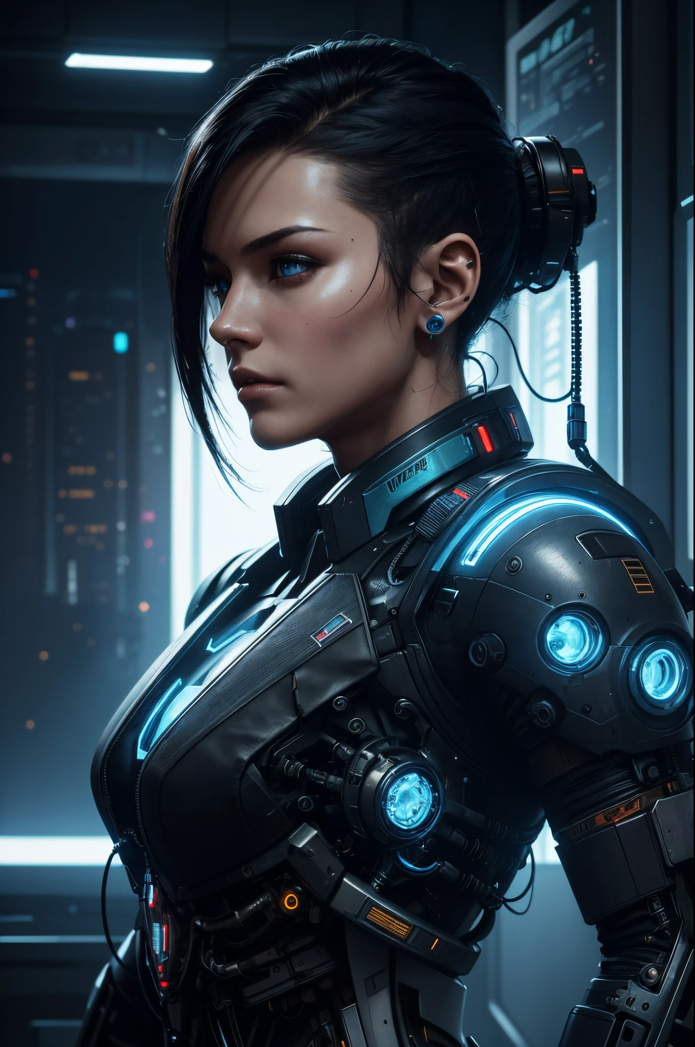 8K,unfinished mechanical roid,Mechanical roid whose upper body is suspended,A man with short black hair, Super handsome young man, exposed machine frame. A blue glowing heart(blue led effect)Many cords extending from the back,hanging upper body,Lots of tubes,Half of the chin is a machine,exposed camera eye,leng jun, cyberpunk robot, ultra-realistic cyberpunk, cyborg fashion model, teenage mechanical roid, wojtek fus, SCI - FI Characters, Fashionable cyberpunk mechanoids, Portrait of a cyberpunk cyborg,超A high resolution,A hyper-realistic,Ultra-precise mechanical details,Inside the development room,electrocardiogram machine,metal texture,