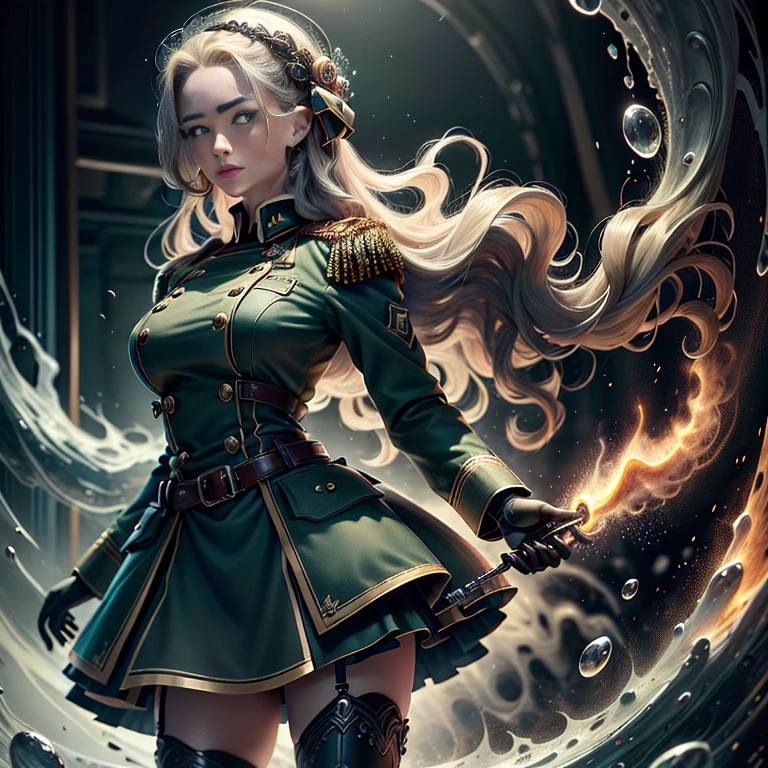 Estilo 1940、she is standing (1 cinta)、(tmasterpiece、topo Quoridade、melhor qualidade、Beauty and Aesthetics、1.2)、German military uniform sexy、vibrante com cores、uniforme de camuflagem sexy、Armado com arma de fogo