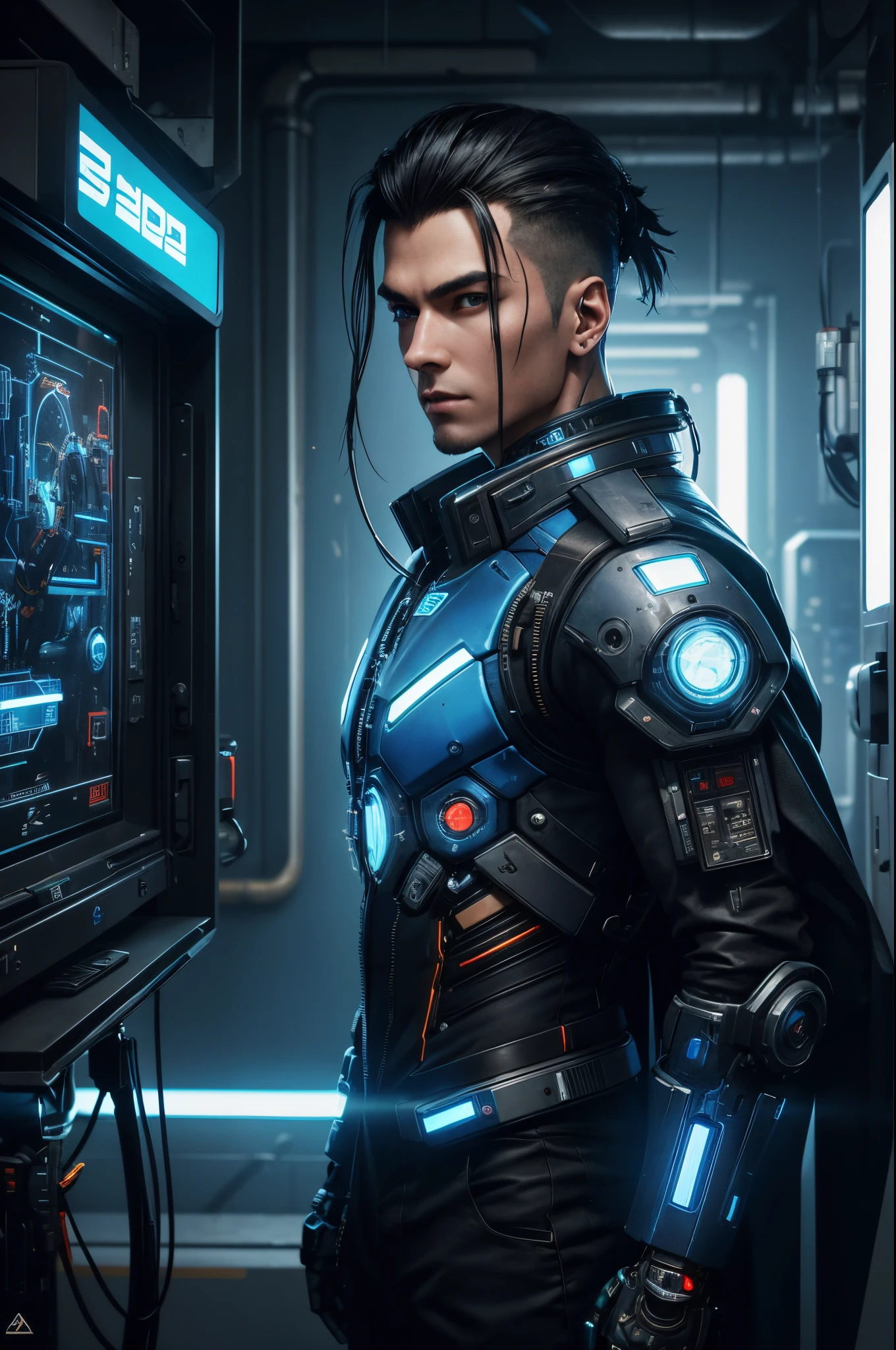 8K,A mechanical roid whose upper body was suspended during construction.,A man with short black hair, Super handsome young man, exposed machine frame. A blue glowing heart(blue led effect)Many cords extending from the back,hanging upper body,Lots of tubes,Half of the chin is a machine,exposed camera eye,leng jun, cyberpunk robot, ultra-realistic cyberpunk, cyborg fashion model, teenage mechanical roid, wojtek fus, SCI - FI Characters, Fashionable cyberpunk mechanoids, Portrait of a cyberpunk cyborg,超A high resolution,A hyper-realistic,Ultra-precise mechanical details,Inside the development room,electrocardiogram machine,