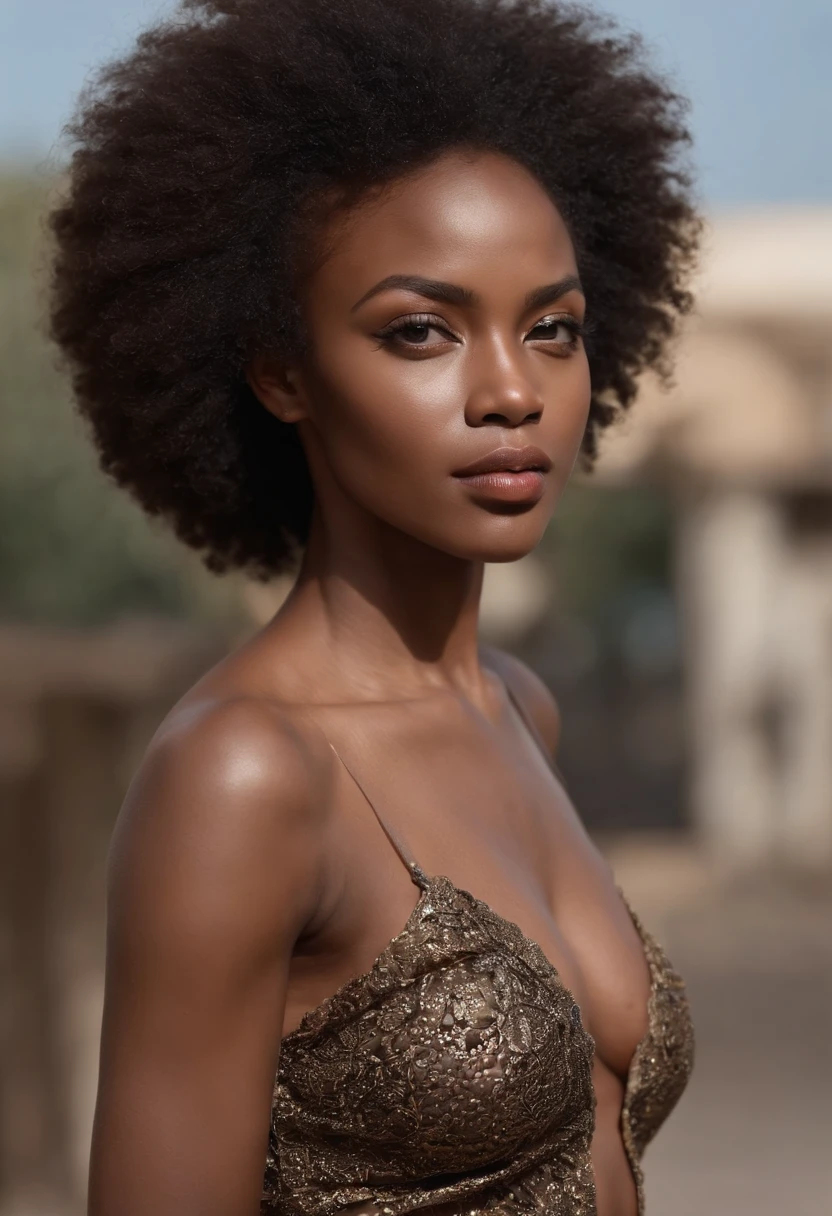 ((Piel oscura africana, very deep ebony skin)), ((Su belleza es innegable)), ((linda cara emocionada)), ((Ojos perfectos hiper detallados,)), ((Linda pose)), ((lengua fuera)), ((Seductor )), sexy, (( Camisa de punto ajustado, pantalones cortos sexys)), ((Afro largo africano pelo rizado afro cola de caballo,)), (( Piel)), ((En pie, Front view)), ((Tocarse las piernas en una pose sexy)), ((Al aire libre, Public city)), Sharply focused CGI, fotorrealista, High detail, realista, Pieza maestra, absurdos, La mejor calidad, HDR, Alta calidad, Hi-Def, extremadamente detallado, Fondo de pantalla de 8k, Detalles intrincados, 8k UHD, Full HD, (foto realista:1.2), contraste, rough lighting, cinematic lighting, natural lighting, Luz dura, Contre-Jour, global ilumination, ambient-occlusion