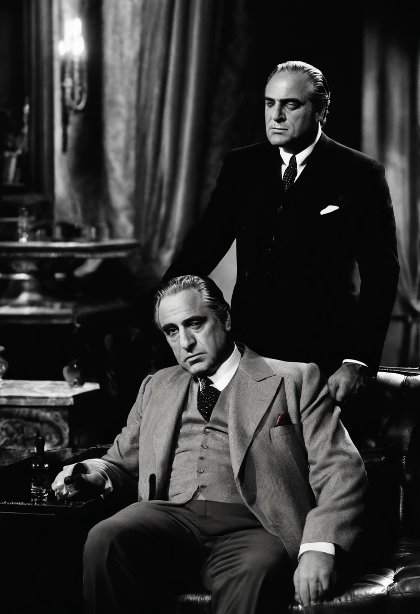 A black and white photo of Don Vito Corleone arranging a selection of fine wines and spirits in his cellar,The Godfather,Don Vito Corleone has a distinctive and memorable appearance that adds to his powerful presence.
1. Bald Head: Don Vito Corleone is depicted as having a bald head, which is often seen as a symbol of his wisdom and authority. His smooth and clean-shaven scalp enhances his commanding presence and gives him a distinctive physical trait.
2. Strong Facial Features: Don Vito Corleone has a strong and expressive face. He is often portrayed with a prominent jawline and high cheekbones, which contribute to his rugged and formidable appearance. His face carries a sense of gravitas and intensity, reflecting the weight of his responsibilities and the power he wields.
3. Piercing Eyes: One of the most striking features of Don Vito Corleone's look is his piercing gaze. His eyes are often depicted as dark and intense, capable of conveying a range of emotions from kindness to sternness. They reflect his sharp intellect and ability to see through people and situations.
4. Distinguished Aging: Don Vito Corleone is typically shown as an older man, and his aging features add to his aura of wisdom and experience. He may have wrinkles and lines on his face, indicating the passage of time and the hardships he has endured. These signs of aging also serve as a visual testament to his resilience and strength.
5. Formal Attire: Don Vito Corleone is known for his impeccable sense of style and typically dresses in elegant and formal attire. He often wears well-tailored suits, often in dark colors like black or charcoal gray. His clothing reflects his status as a powerful and respected figure, exuding an air of sophistication and respectability.
6. Accessories: Don Vito Corleone is often seen wearing accessories that further enhance his character. He may wear a fedora hat, which adds a touch of classic charm and authority to his look. Additionally, he might have a signature ring, such as the iconic Don's ring, which symbolizes his position of power within the Corleone family.
Overall, Don Vito Corleone's look combines strength, elegance, and a sense of timeless style. His physical appearance serves as a visual representation of his character, reflecting his power, wisdom, and status as the formidable leader of the Corleone crime family.
7. Broad Shoulders and Sturdy Build: Don Vito Corleone is often depicted as having a robust and solid physique. He has broad shoulders and a sturdy build, which adds to his imposing presence and physical strength. This physical stature further emphasizes his role as a dominant figure within his criminal empire.
8. Facial Expressions: Don Vito Corleone's face is known for its ability to convey a range of emotions and nuances. He can exhibit a calm and collected expression, exuding an air of authority and control. At the same time, his face can transform to reflect his anger, disappointment, or tenderness, making his emotions palpable and adding depth to his character.
9. Graying Hair: In many portrayals, Don Vito Corleone has graying or salt-and-pepper hair, which signifies his age and experience. The touch of gray in his hair adds to his distinguished appearance, suggesting wisdom and maturity. It serves as a visual cue for his years of being a respected and influential figure within his community.
10. Scar: In some depictions, Don Vito Corleone may have a visible scar on his cheek or jawline. The scar serves as a reminder of the dangers and conflicts he has faced throughout his life. It hints at his past struggles and the violence that permeates his world, further emphasizing the complexity of his character.
11. Stoic Expression: Don Vito Corleone often maintains a stoic expression, revealing little of his inner thoughts or emotions. This reserved demeanor adds to his air of mystery and unpredictability. It also reflects his ability to keep a calm and composed exterior even in the face of challenging situations, further enhancing his image as a master strategist.
12. Body Language: Don Vito Corleone's body language is often measured and deliberate. He moves with purpose and confidence, commanding attention wherever he goes. His gestures and postures exude a sense of authority, reinforcing his position as a leader and someone to be respected.
These additional details about Don Vito Corleone's look contribute to his iconic and memorable appearance. The combination of his physical features, attire, and body language helps establish him as a formidable and enigmatic figure in the world of "The Godfather.", male