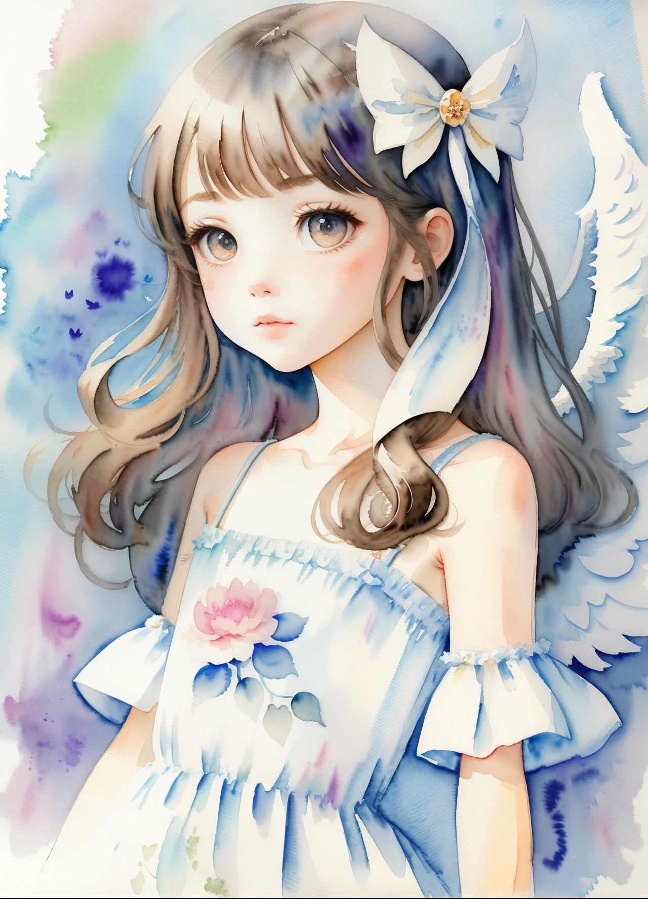 illustratio、watercolor paiting、 Fantasia、 Angel Girl、length hair、cute little、Deformed、portraitures、