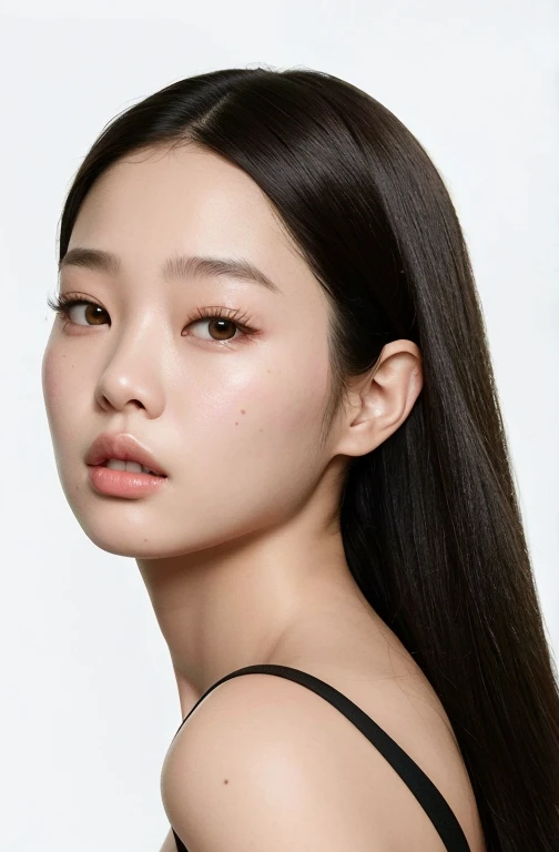 um close up de uma mulher com longos cabelos pretos e um top preto, jennie blackpink, maquiagem sul-coreana popular, maquiagem coreana popular, Lee Ji-eun, Lee Ji - Eun, kwak ji jovem, Mulher sul-coreana bonita, korean face features, Gongbi, Jaeyeon Nam, Heonhwa Choe, young adorable korean face, Parque Ji-min
