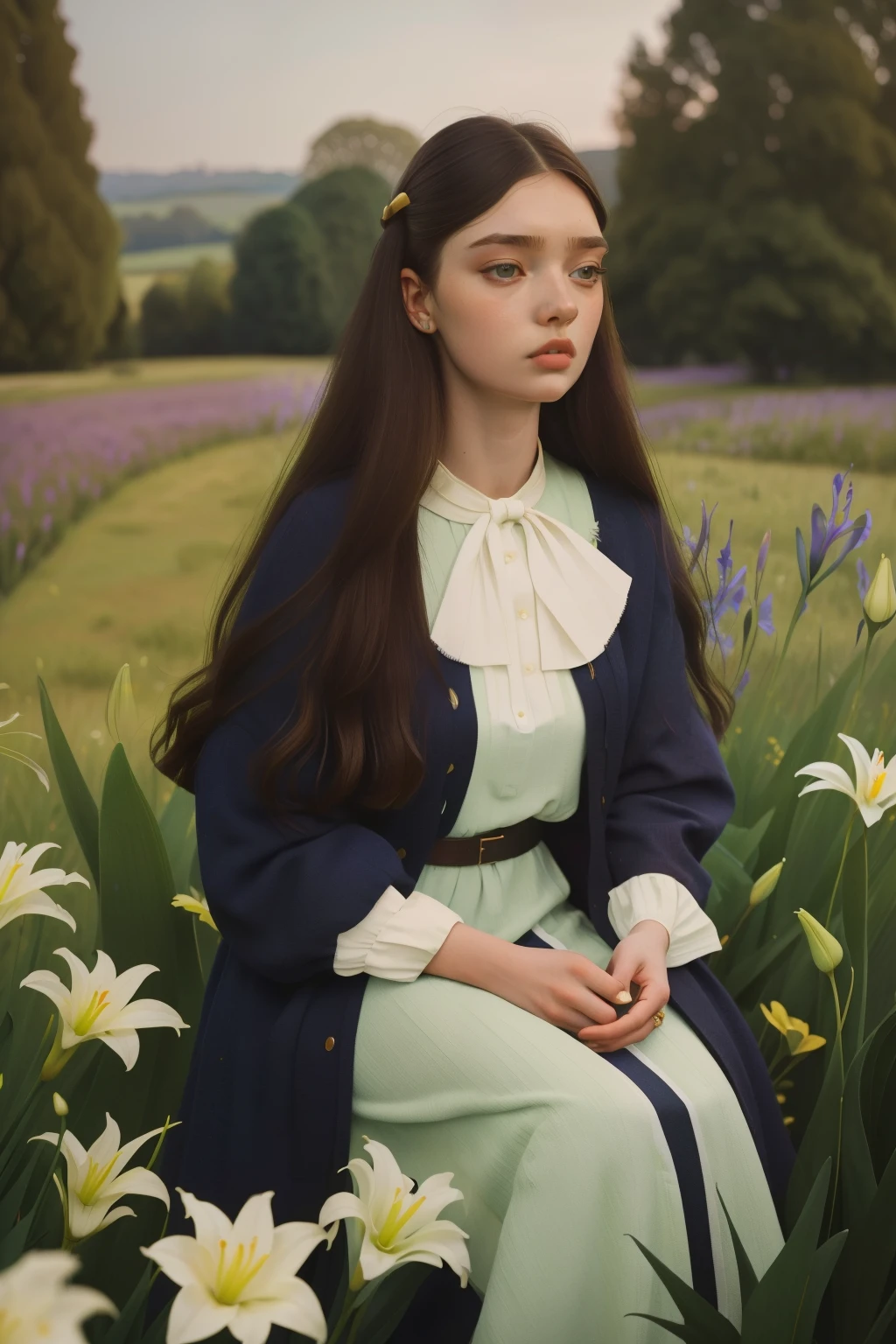 2020, London. Pre-raphaelite 18-year-old Kristine Froseth, country house, idilic, tall grass, lillies, irises, rill, hill, ((((casual clothing from the 2020s)))), ((black Hairstyle of the 2020s)), ((Wes Anderson cinematic style)), colorful
