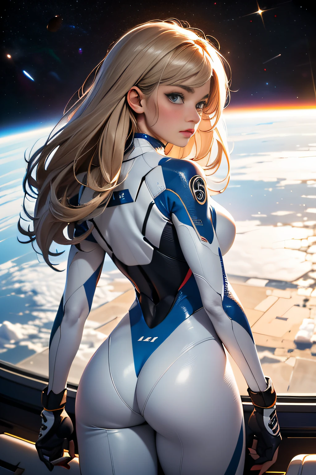 rear view, backside view, turning away, sandy hair, eyes are blue, fit body large breasts slender thighs slender waist pilot suit solo looking away from viewer, in space, long hair, blushing, determination, 8k, extreme detail,