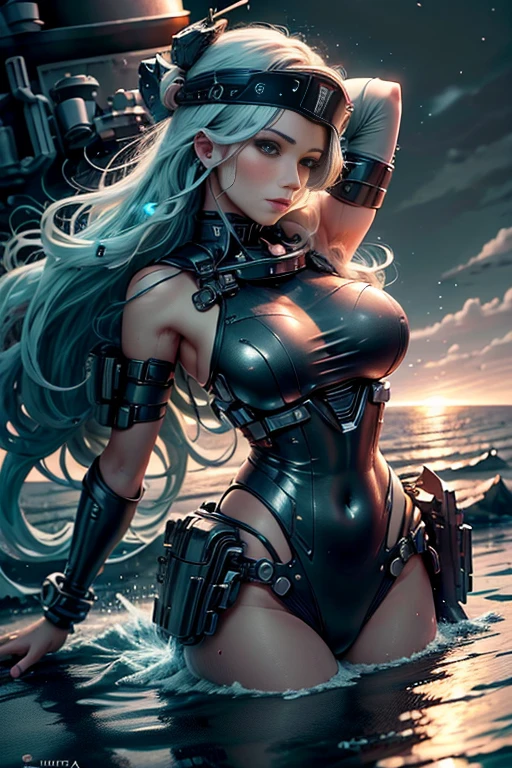 (8k, qualidade superior;1.4) (1 mature female) super beleza, Mulher loira no uniforme branco posando no navio de guerra, Mulher no uniforme militar branco saia brancas em uniforme militar Oficial da Marinha botas brancas até os joelhos beautiful expression real-looking-skin 超A high resolution Precision details Warship deck Sunset