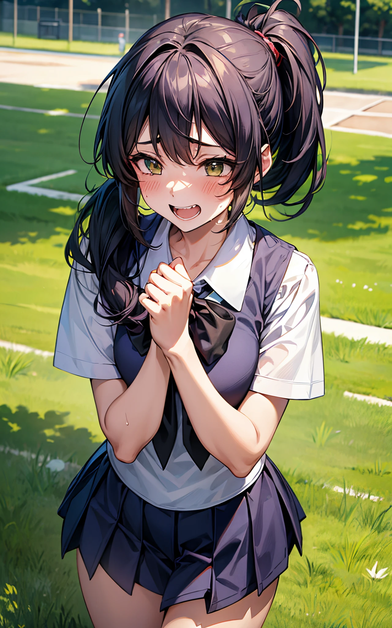 At schoolyard、She is wearing a high school uniform、poneyTail、green grass、Laugh wildly、Jagged teeth、夏天、Dazzling light、Sweat on the face、Sweat on the body