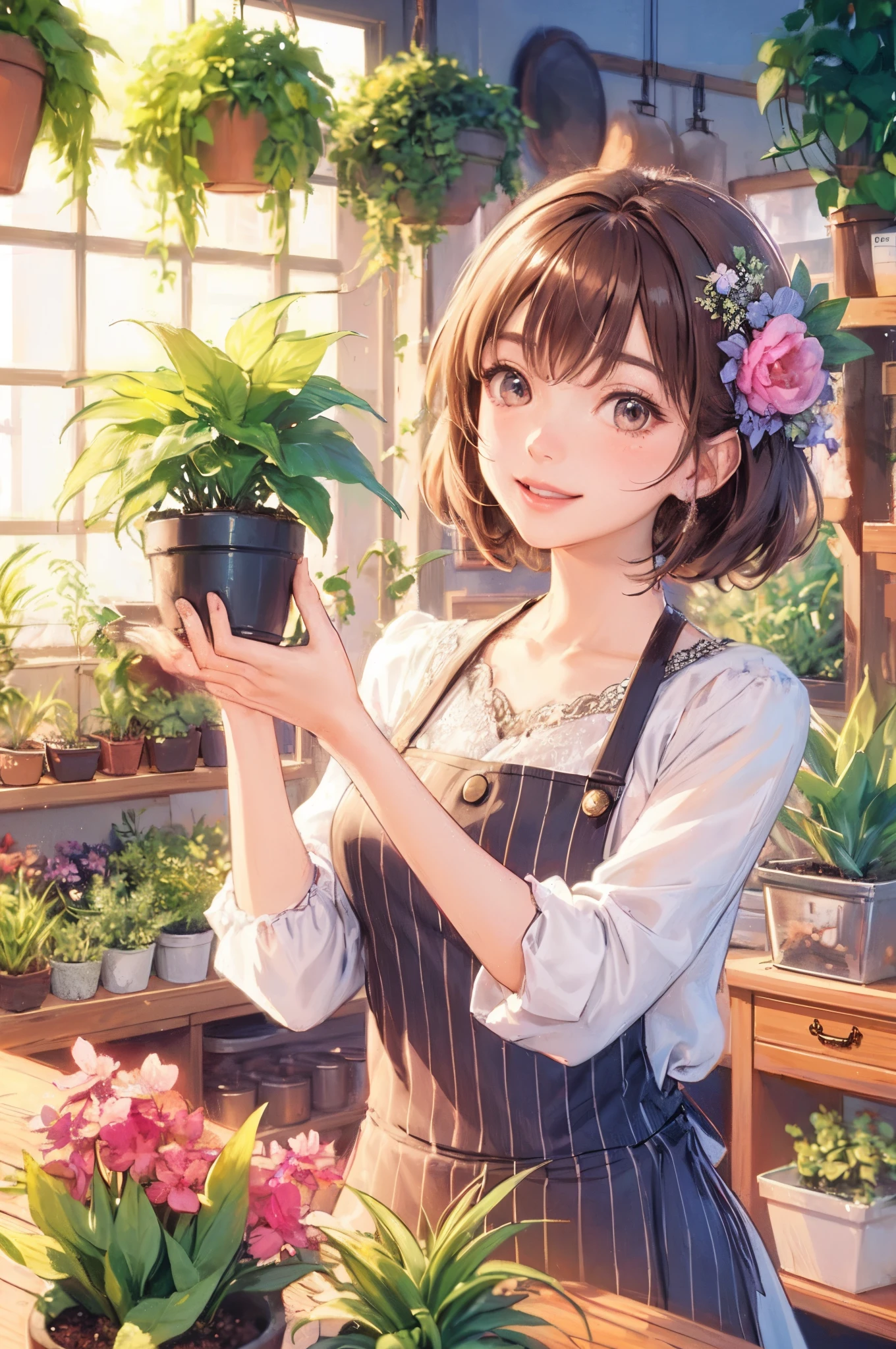 1lady solo, /(stylish outfit/) apron, mature female, /(brown hair/) bangs, blush kind smile, (eyes sparkling with excitement), (masterpiece best quality:1.2) delicate illustration ultra-detailed, large breasts BREAK (holding a small plant pots) BREAK (fashionable general store:1.1) indoors, (many vibrant plants/)