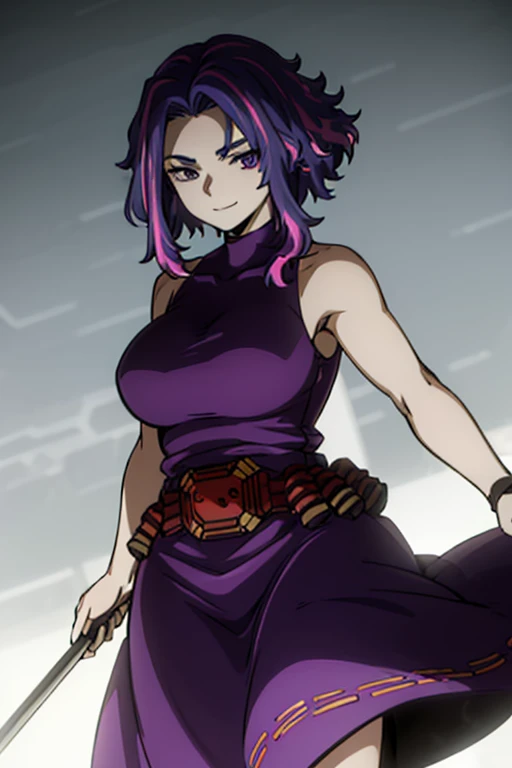 Anime, KAINA TSUTSUMI, PURPLE HAIR, PINK HAIR, STREAKED HAIR, (PURPLE EYES:1.1), SHORT HAIR, (PARTED BANGS:1.5), DRESS, PURPLE DRESS, SLEEVELESS, BARE SHOULDERS, SKIRT, PURPLE SKIRT, BELT, 1girl, solo, upper body, facing viewer, looking at viewer, smile, thicc, chubby chubby