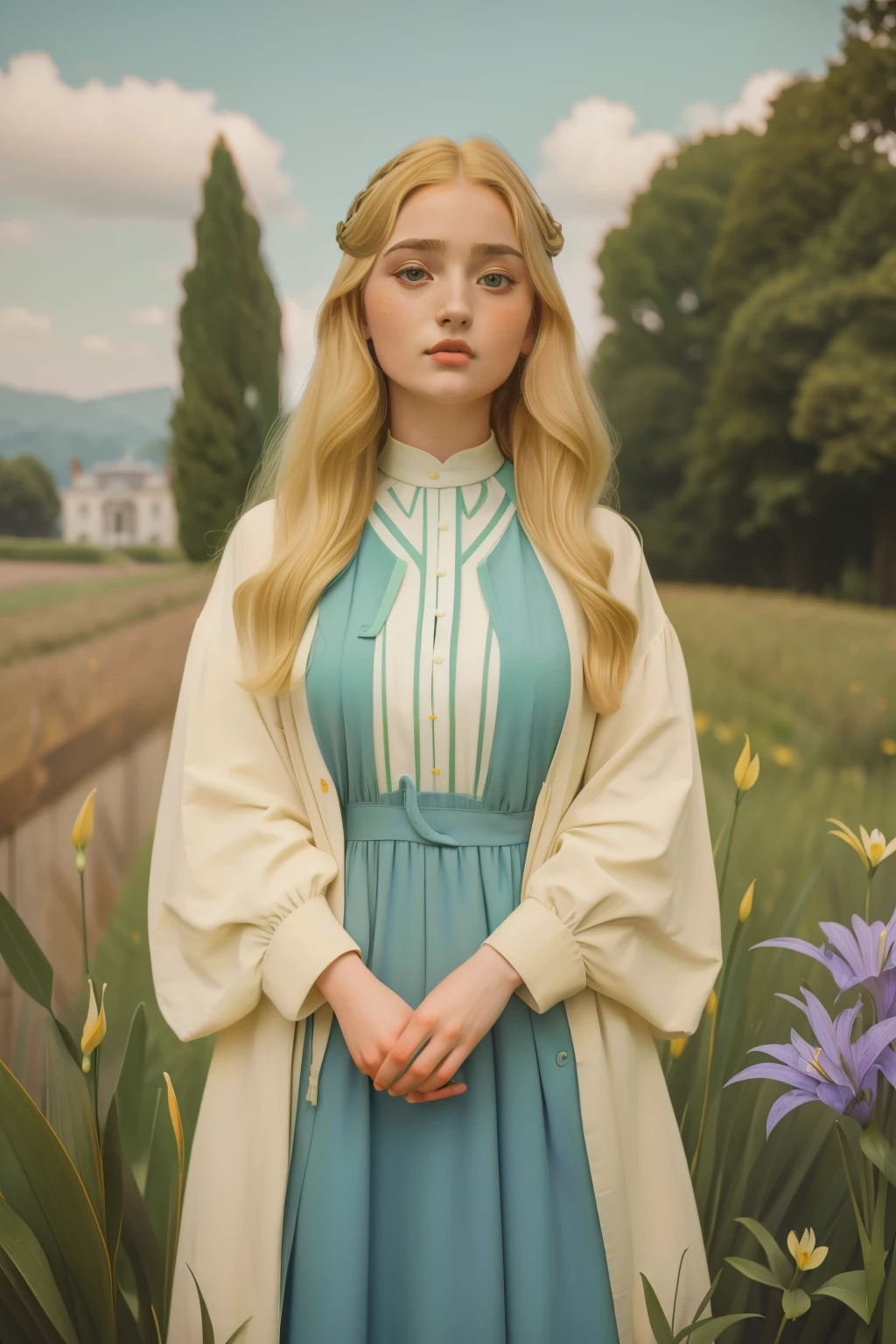 2020, London. Pre-raphaelite 18-year-old Ella Purnell, country house, idilic, tall grass, lillies, irises, rill, hill, ((((casual clothing from the 2020s)))), ((blonde Hairstyle of the 2020s)), ((Wes Anderson cinematic style)), colorful