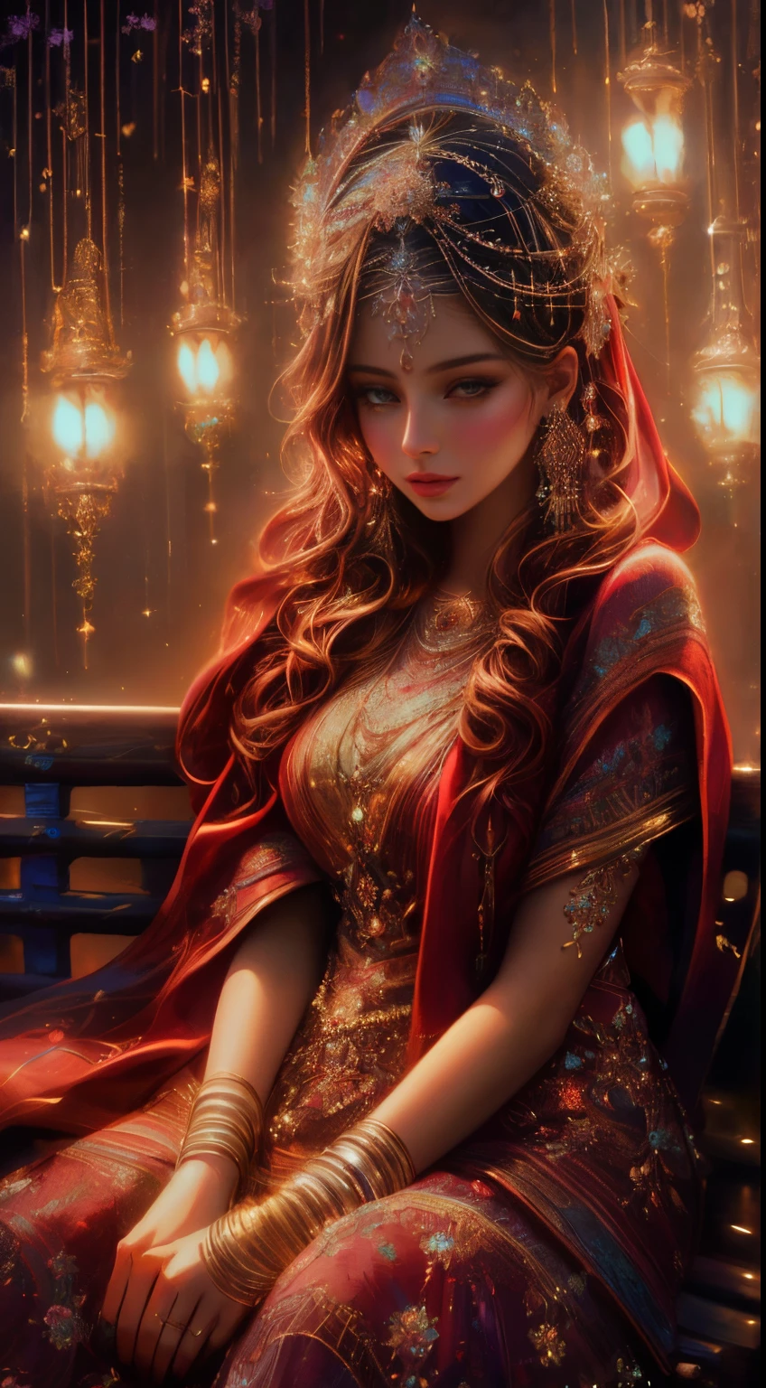 a woman sitting on a bench with candles in front of her, beautiful digital illustration, beautiful digital artwork, beautiful character painting, beautiful digital painting, gorgeous digital painting, stunning digital illustration, exquisite digital illustration, stunning digital painting, beautiful digital art, elegant digital painting, a beautiful artwork illustration, traditional beauty, painting of beautiful, gorgeous digital art, hindu aesthetic