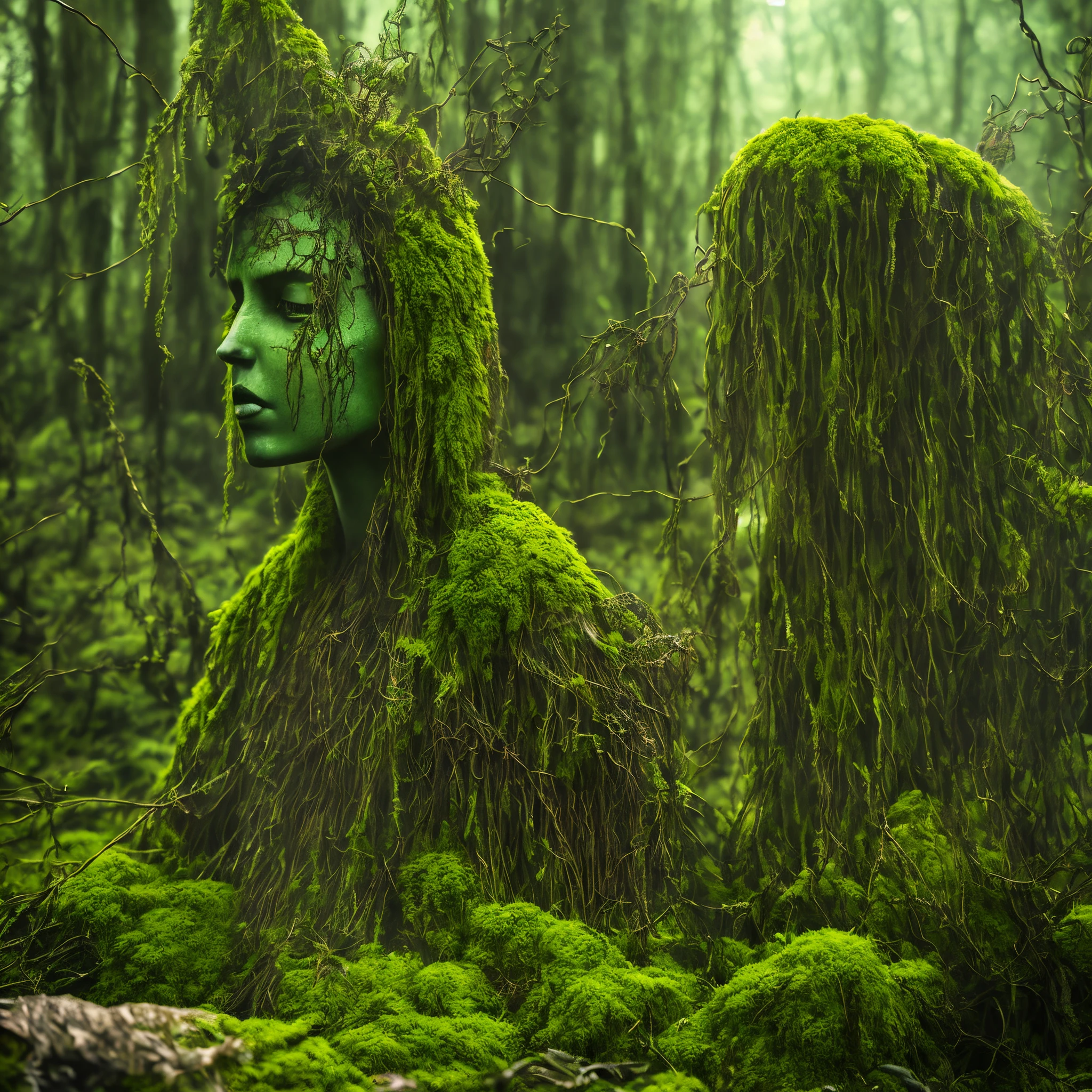 anthropomorphic (anthropoid) Female plant in green mossy swamp, anthropomorphic plant girl, beautiful green face, woven from stems, thin green strands of hair are disheveled and on these threads there are predatory flowers, Fantastic, unreal, Fictional character, Cinematic Photo, anthropomorphic plant looks surprised, swamp atmosphere, moss hangs in long green strands