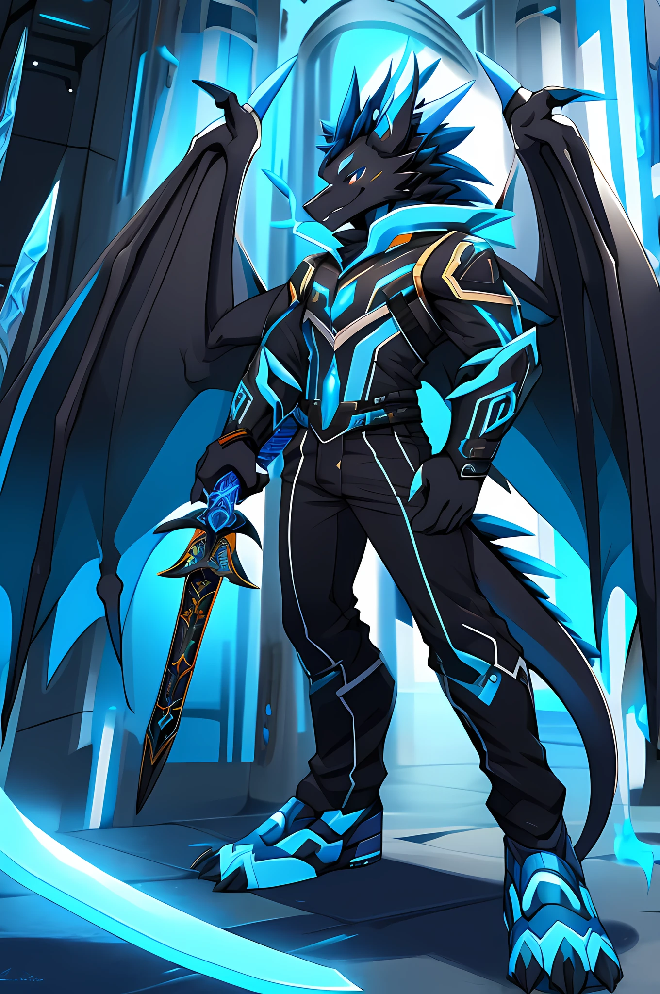 Black dragon. fantastic warrior. RPG. Llamas azules. sosteniendo una espada. big dragon wings. usar pantalones. Outfit futurista. pose genial. estilo antro. Arte peludo.