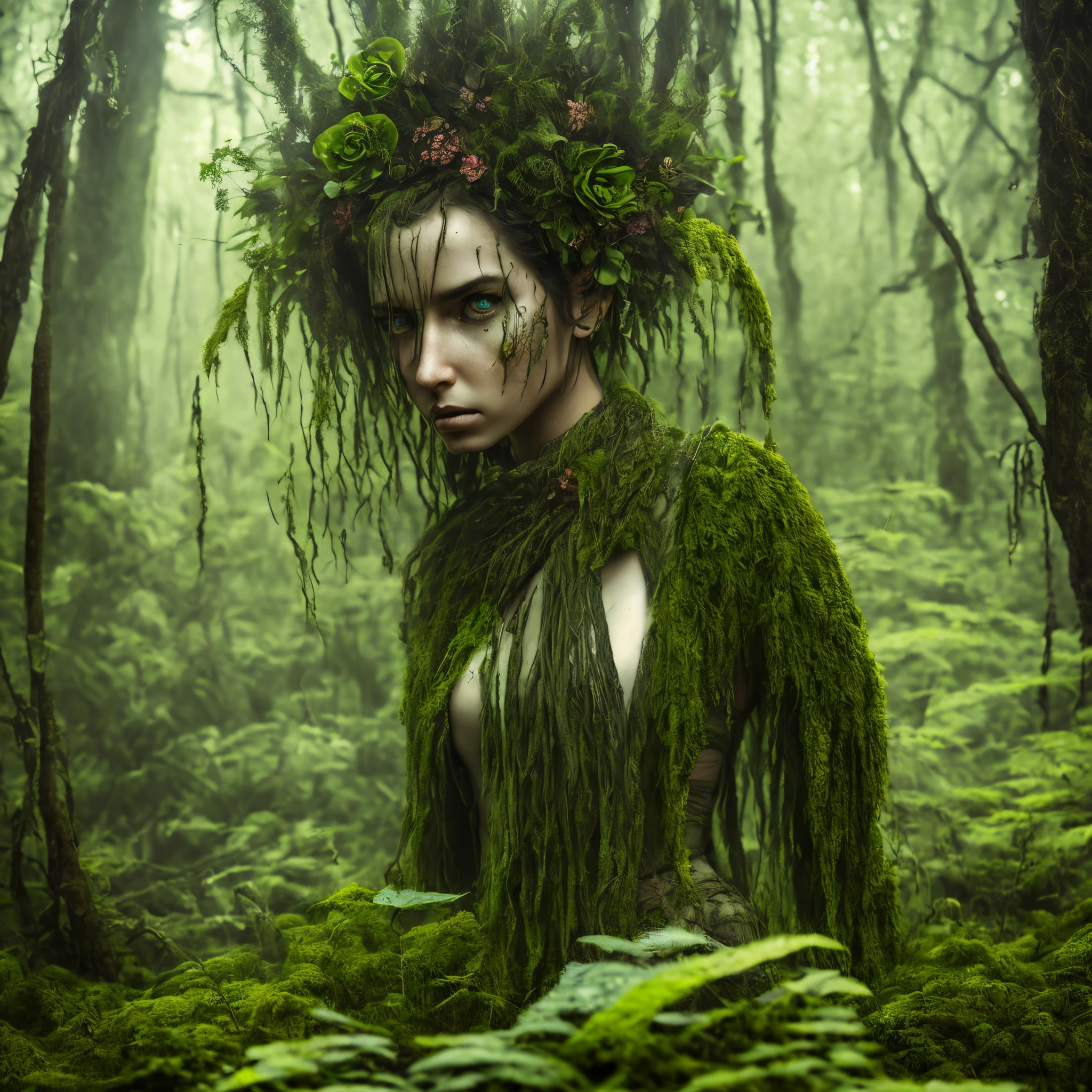 Monster girls, Alraune, (best quality), (masterpieces), green eyes, looks sexy, (UHD wallpaper),perfect body, (ultra details), swamp biome, best quality, 3d wallpaper, (half plants)