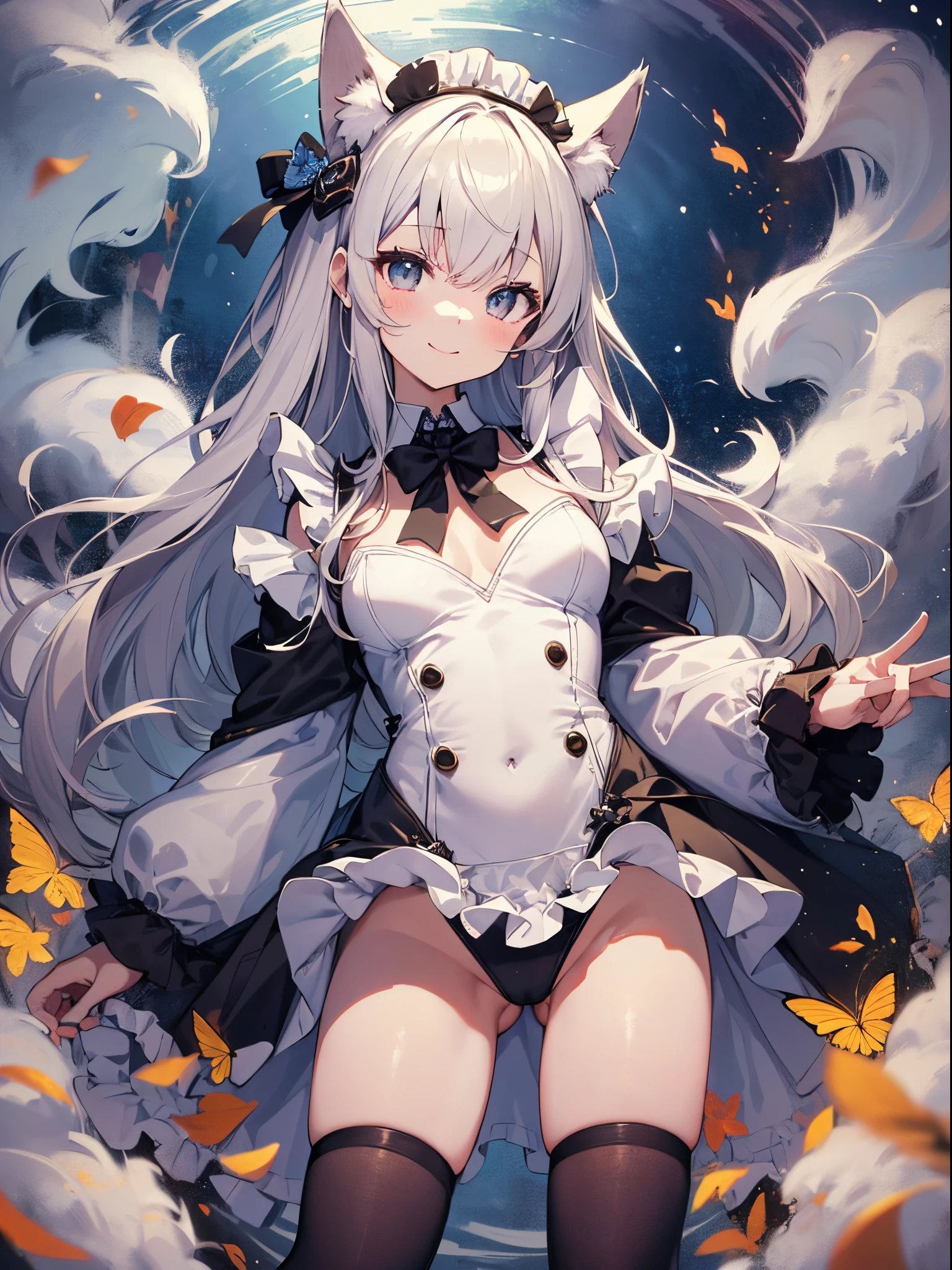 (((Beautiful illustration、top-quality、cute it girl、Perfect limbs:1.3、perfect fingers:1.3、perfect anatomia:1.3)))、(transform sequence)、((sexy maid leotard))、sixender beautiful girl、Fractal Art、baby-face、((stright hairbig drooping eyes)、Happy smiling face、Full Body Display、(1 persons)、long-sleeve、(knee high socks)、is standing、(highleg)、Fox ears、