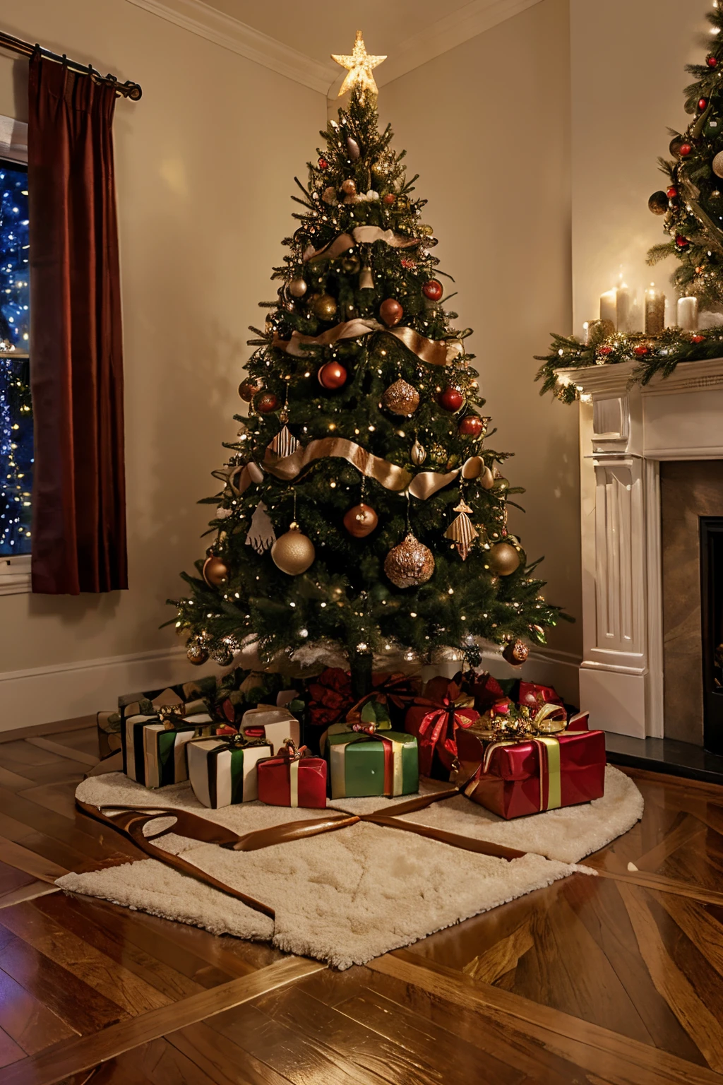 masterpiece, best_quality, christmas, christmas tree, presents, fire place, decorations, joyful, chirstmas tree with presents