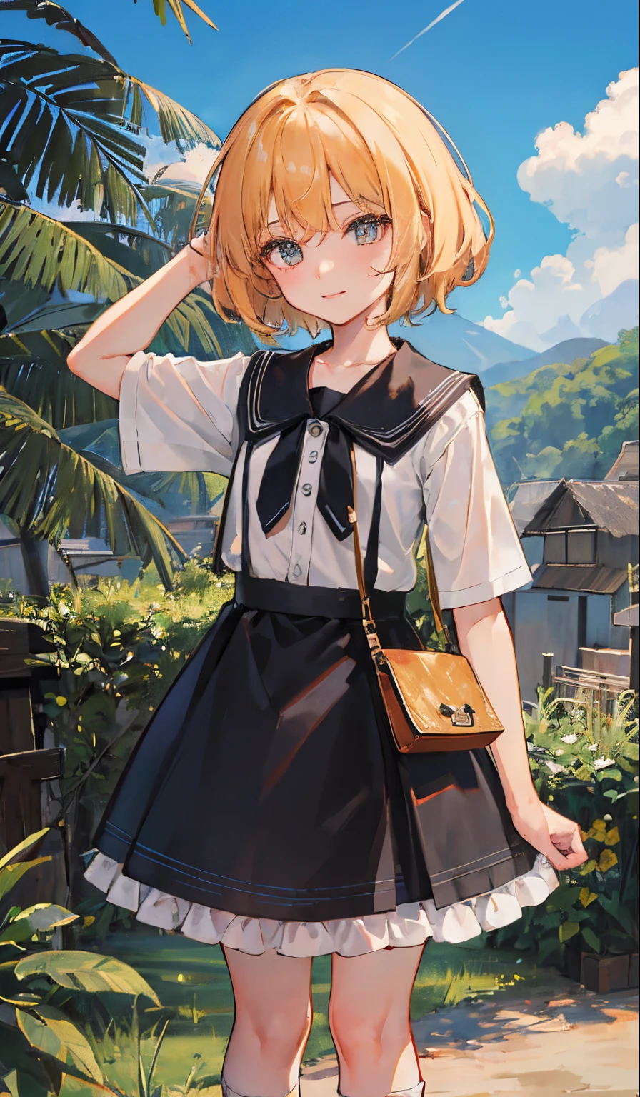 Perfect picture,,{village}{elementary student}{amazon tourism,Amazon}{military outfits},8 years old girl,4K picture quality, Cinematic,,{Gamine},{small body and chest,,,,,,,} Short hair,a blond,cute little, perspiring