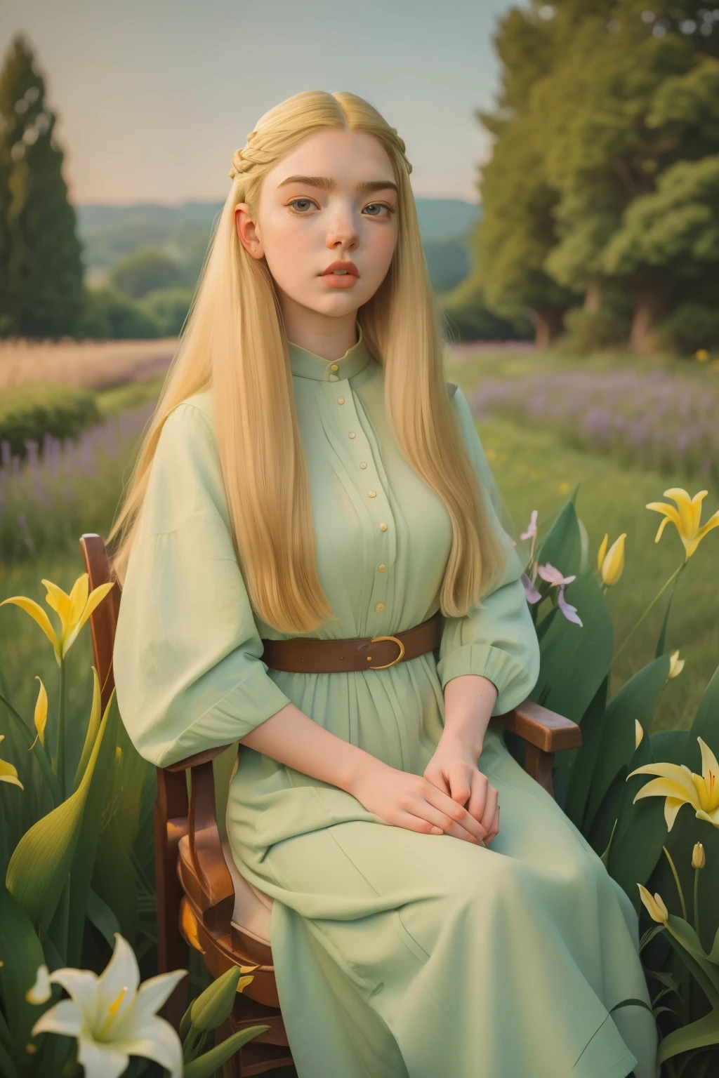2020, London. Pre-raphaelite 18-year-old Anya Taylor Joy, country house, idilic, tall grass, lillies, irises, rill, hill, ((((casual clothing from the 2020s)))), ((blonde Hairstyle of the 2020s)), ((Wes Anderson cinematic style)), colorful