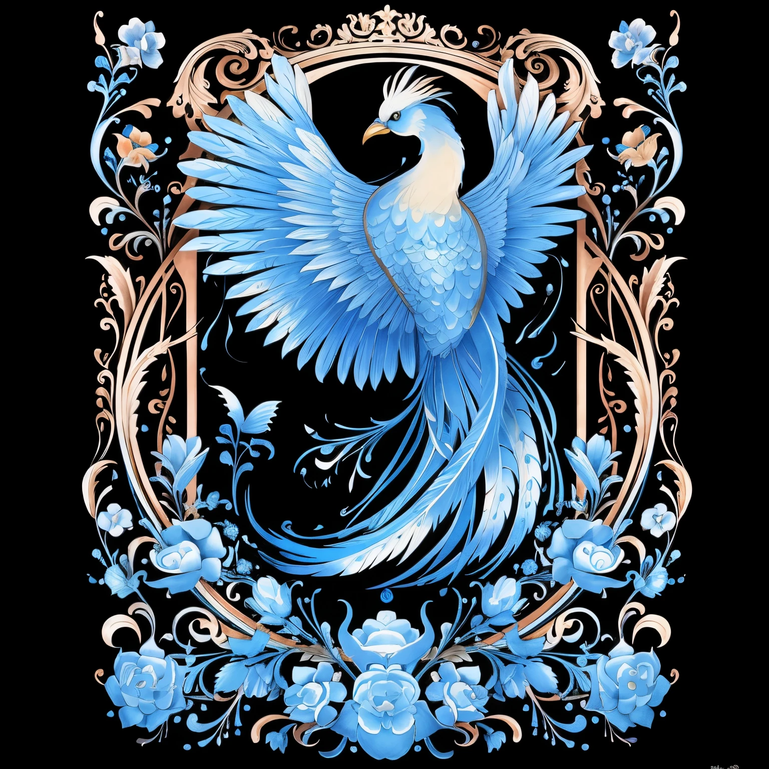 There is a blue bird with a long tail flying in the sky, blue phoenix bird, royal bird, Phoenix's artwork, ''Phoenix wallpaper, Beautifully gorgeous, Elegant and highly ornamental, adornado y fluido, elegant and ornate, phoenix rising, A phoenix, inspired by Joe Fenton, fenghuang, Magnificent Art, fenghuang, beautiful design
