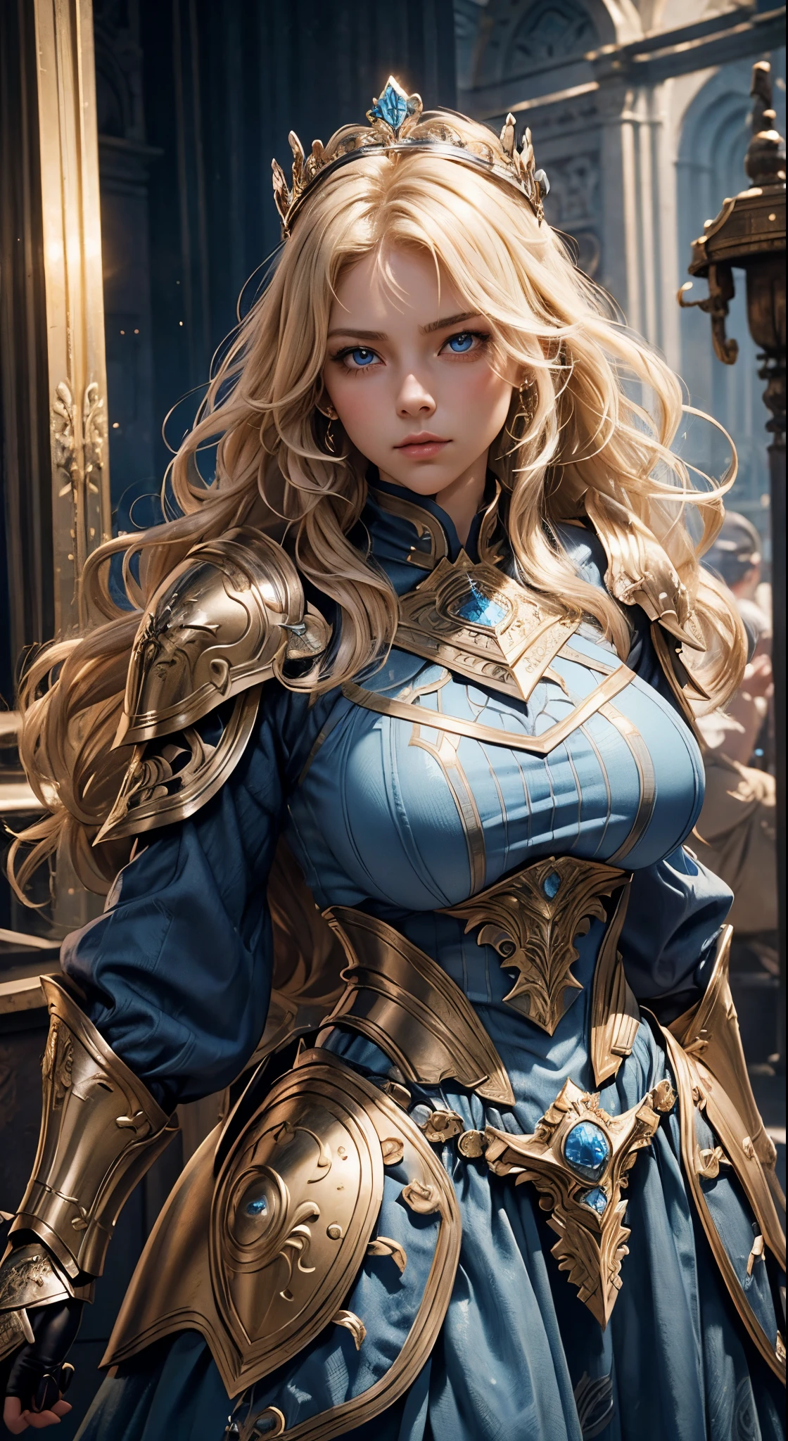 1 girl, solo focus, blond wavy hair, fashion hair, light blue eyes, big breasts, fit body, intricate paladin armor, battle poses, masterpiece, ultra HD, raw photos, detailed skin textures, detailed face, detailed hair, detailed crown, perfect hands, cowboy shot,, very busty, low hanging breasts, , long hanging breasts, abnormally huge breasts, (abnormally huge breasts)