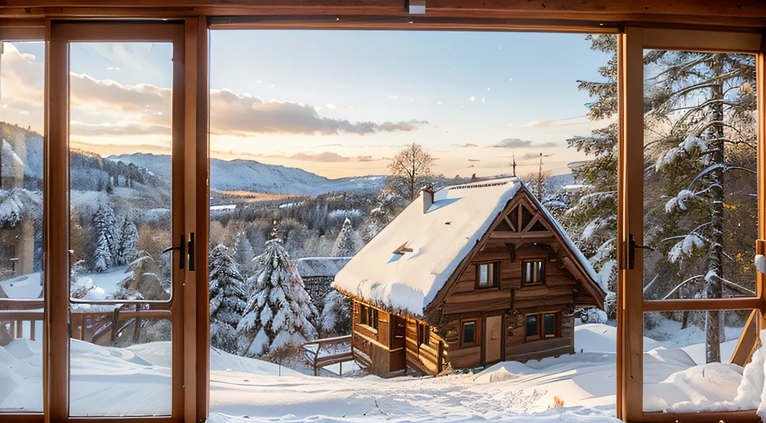 Kleines hoolzhaus im schnee bei dem holzhaus sieht man im fenster einen weihnachts baum. In the background there is a beautiful snowy landscape