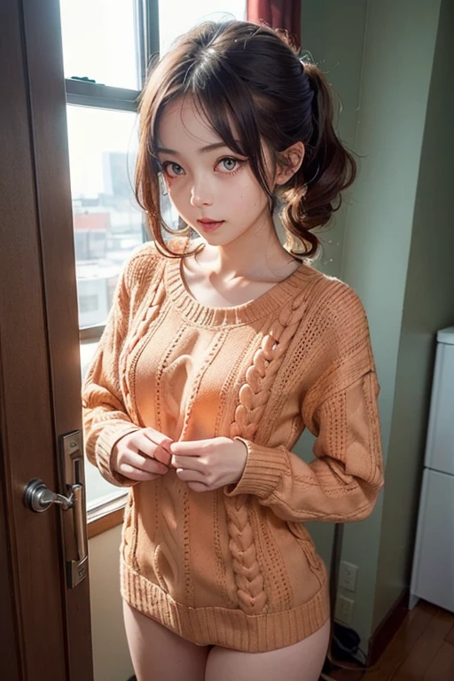 (((masutepiece:1.4, Best Quality)), (1girl in), (Perfect Anatomy), BREAK,  Cute Girl, (hair messy), (Light orange eyes), Small breasts, facing,Short knitwear