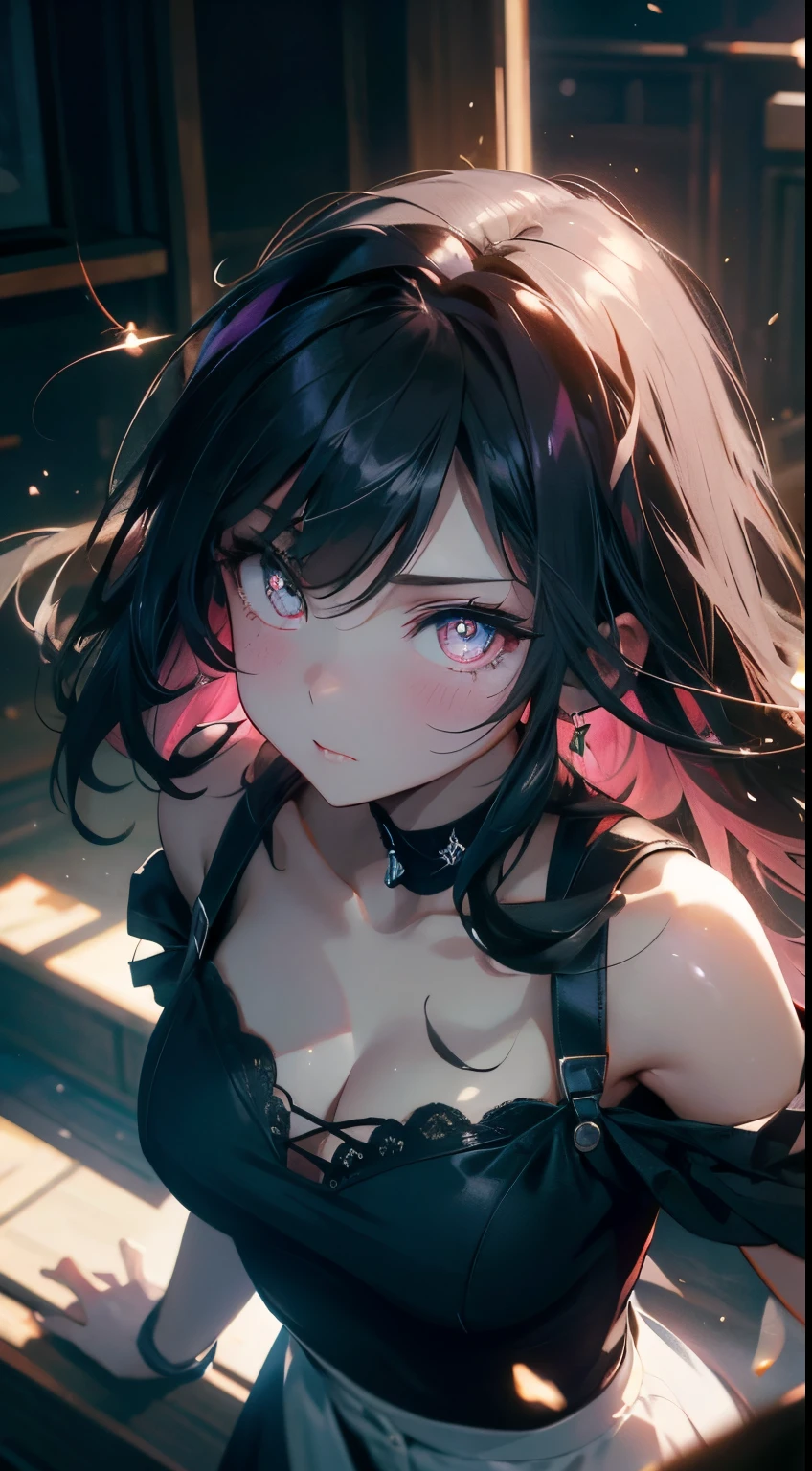 tmasterpiece， Best quality at best， beautidful eyes，（bunnygirl），White pink black style， （Black pupils：1.5），Deep eyes，Detailed eyes， 详细的脸， scenecy， Detailed CG， ultra - detailed， Best shadow， depth of fields， Beautiful illustration， illustratio， Tremendously beautiful， perfect  detail， 1girll， 独奏，camisole，cleavage，（The shoulder straps slip off：1.5）， black andwhite， with short black hair，Off-the-shoulder attire，Insufficient tailoring， Hair is more than one eye， dynamicposes， Bright colors， fish eye， dent in the skin， poggers， Fly from above