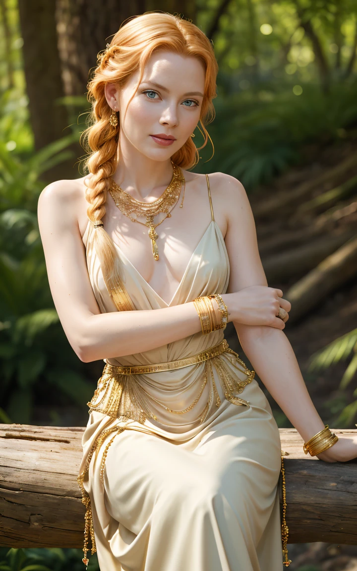 (Grace Kelly:Marilyn Monroe:0.5), A 35-year-old woman with ginger hair, high detail, face, high detail skin, detailed green eyes, one large braid, a gold necklace with a ruby pendant, dressed in a revealing white Greek tunic and Roman sandals, with gold bracelets on her arms, forest in the background, masterpiece, extremely high detail, cinematic lighting. backlight. shallow depth of field, bokeh, sharp focus, RAW photo