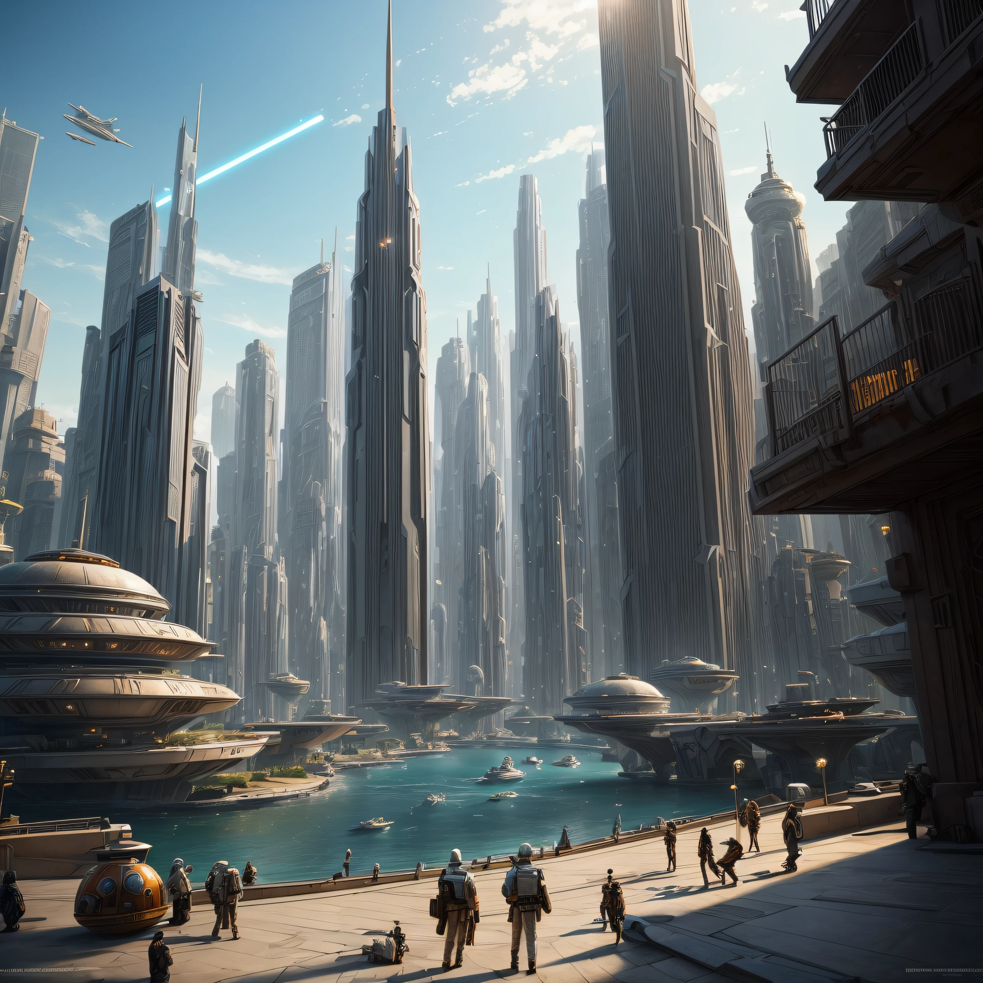 (The city of Coruscant from Star Wars as designed by Doug Chiang), futuristic fantasy city with immense buildings of technological design (que forman una avenida infinita), edificios compactor no difuminados con aspecto metalico, luces en ventanas en edificios, iluminacion diurna con sol, con estructuras acristaladas espectaculares, (con colores vivos). pavimento ensolado (sin brillo). gente paseando. imagen bien definida con muchos edificios juntos. imagen nitida bien definida 8k. los edificios llegan alta el fondo.,8k. imagen cinematografica